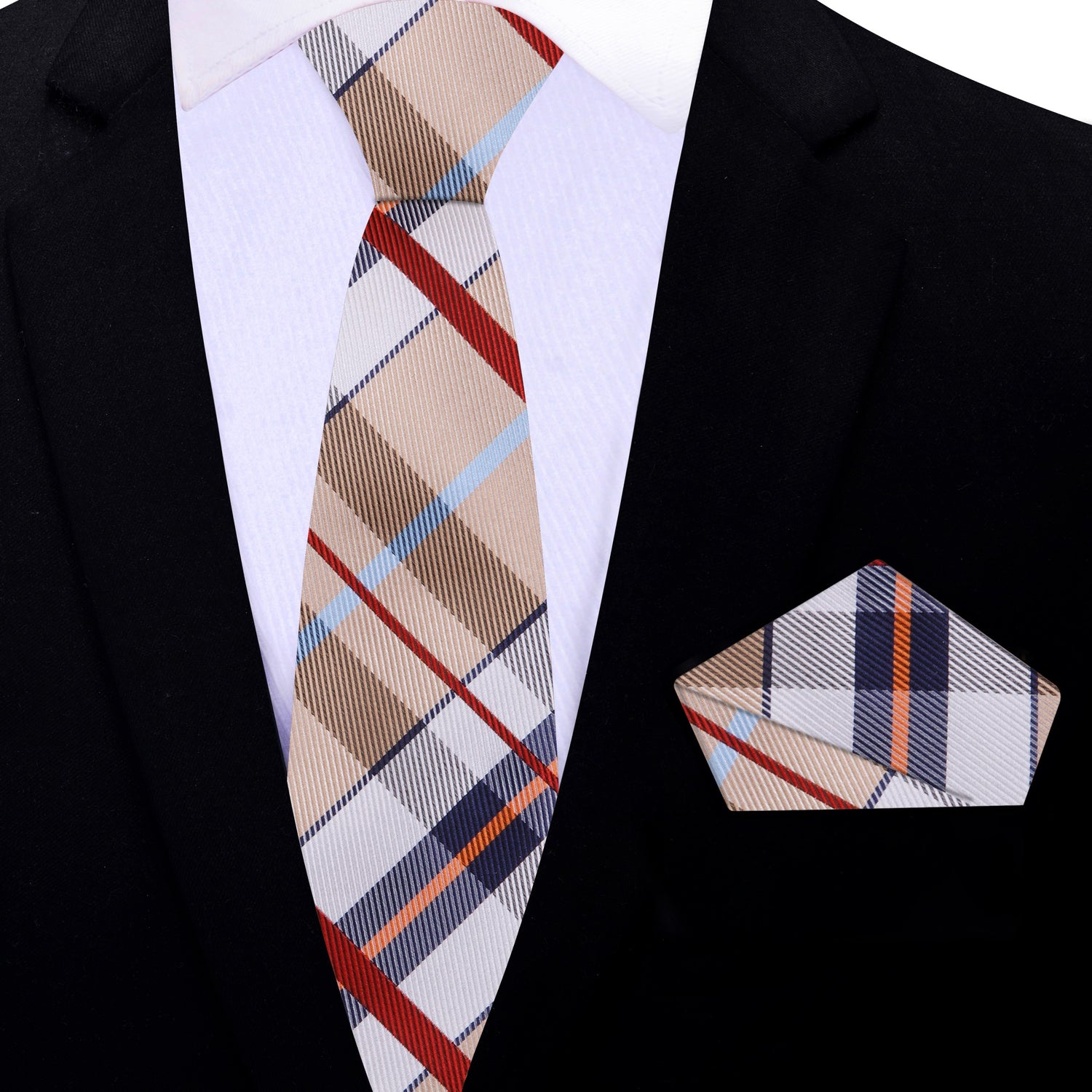 Thin Brown, Red, Blue Plaid Tie and Square