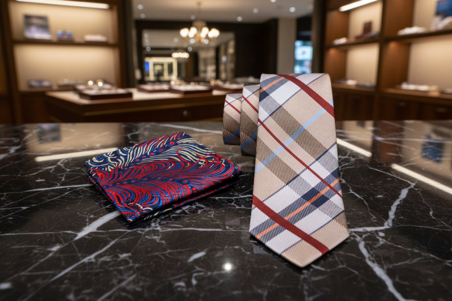 Brown, Red, Blue Plaid Tie and Accenting Square