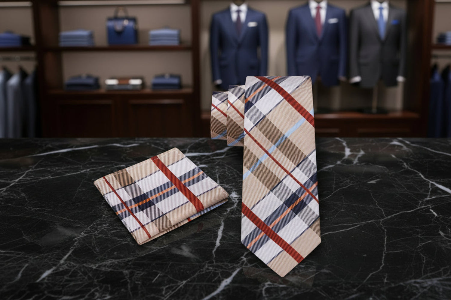 Alt Brown, Red, Blue Plaid Tie and Square