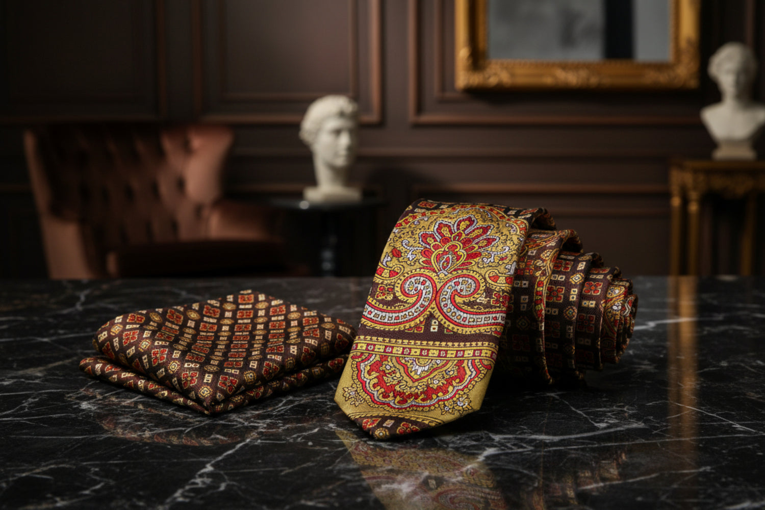 View 2: A Yellow, Copper Abstract Large Crest With Small Burst and Checks Pattern necktie