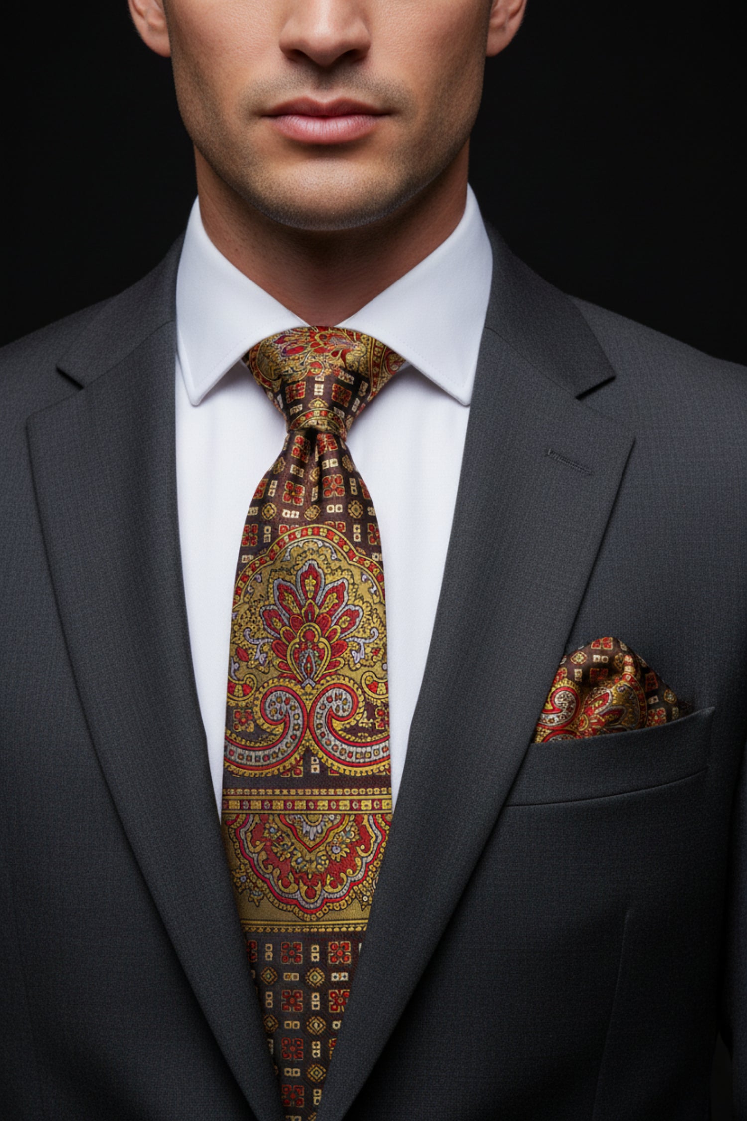 Man wearing gold red and brown intricate necktie and square on man in grey suit