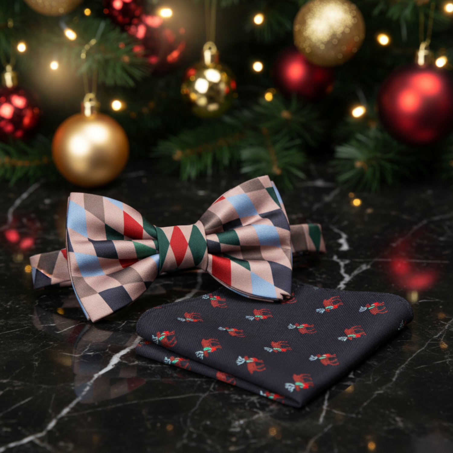 Red, Green, Brown, Blue Harlequin Diamonds Bow Tie and Accenting Pocket Square