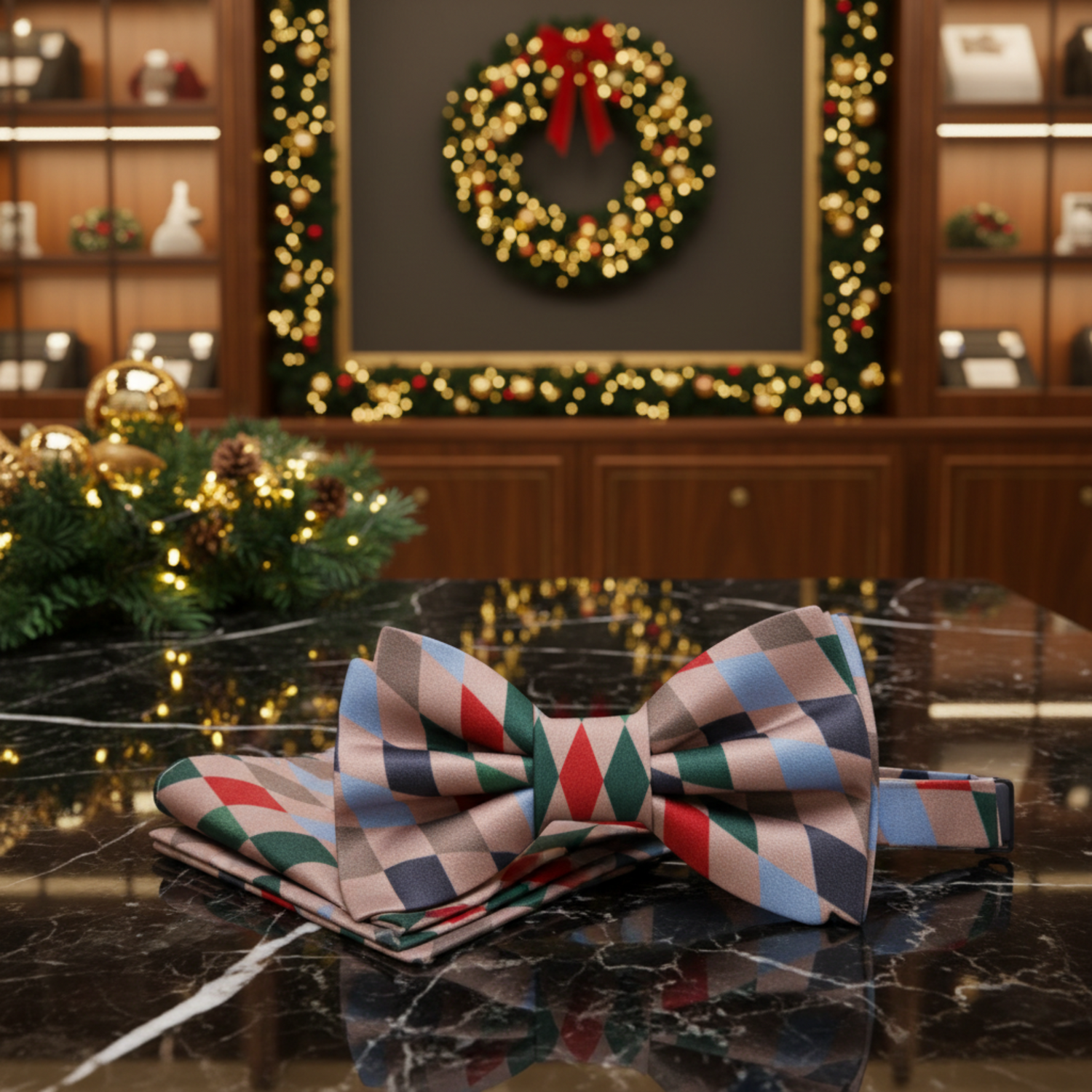 Red, Green, Brown, Blue Harlequin Diamonds Bow Tie and Pocket Square