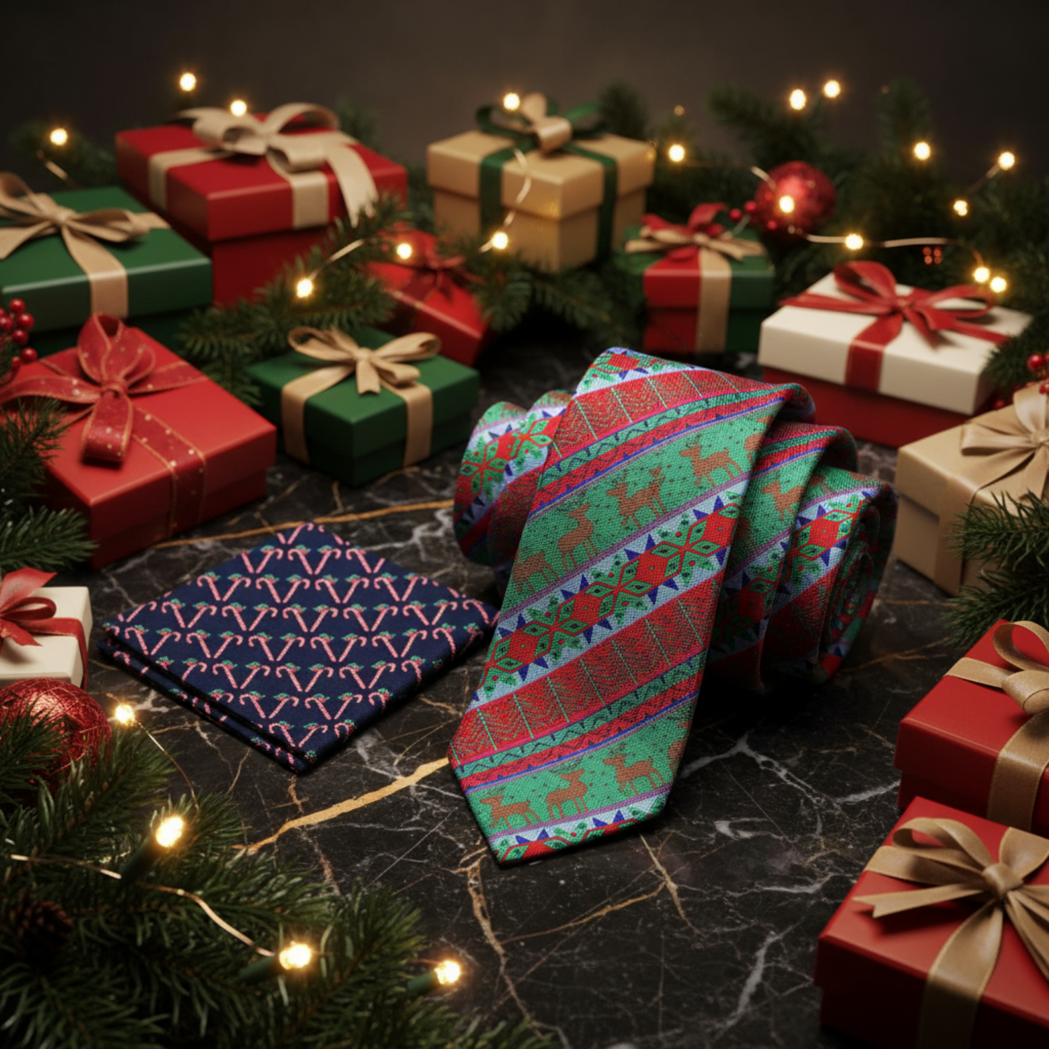 Brown Red Green Reindeer Necktie and Accenting Square 2