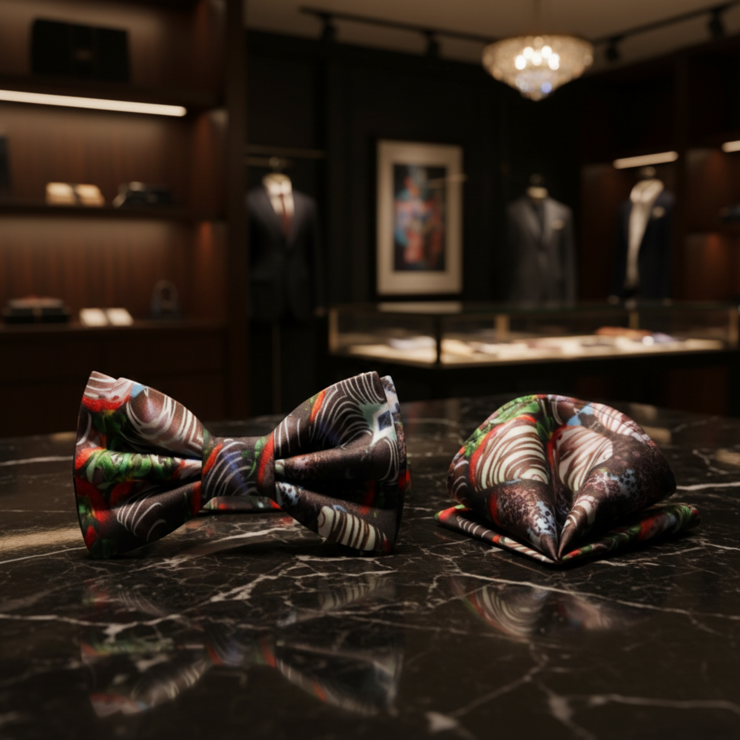 Red, Brown, White Chocolate Covered Strawberries Bow tie and Pocket Square