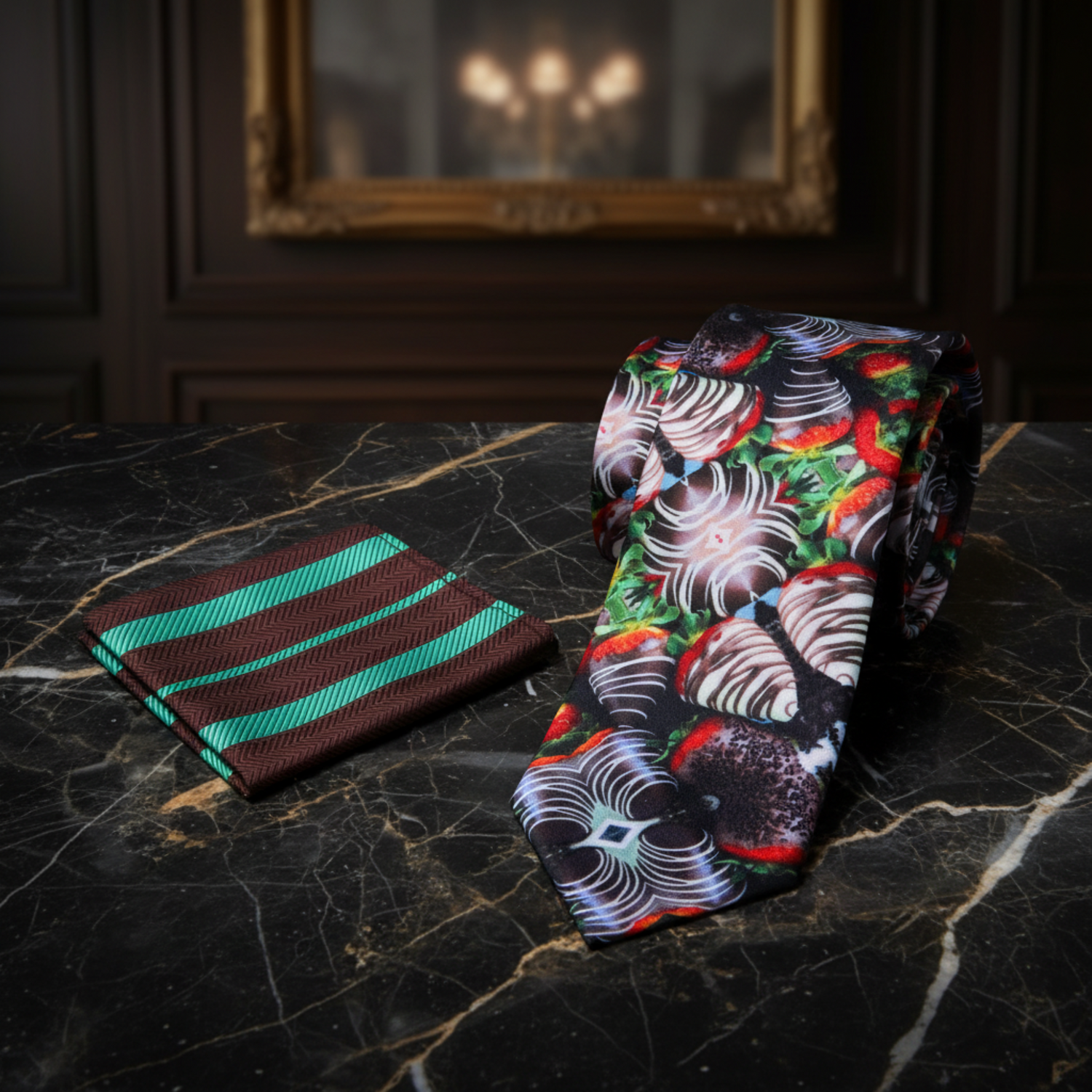 Alt Brown, Green and Red Chocolate Covered Strawberries Necktie and Accenting Brown, Green Stripe Square