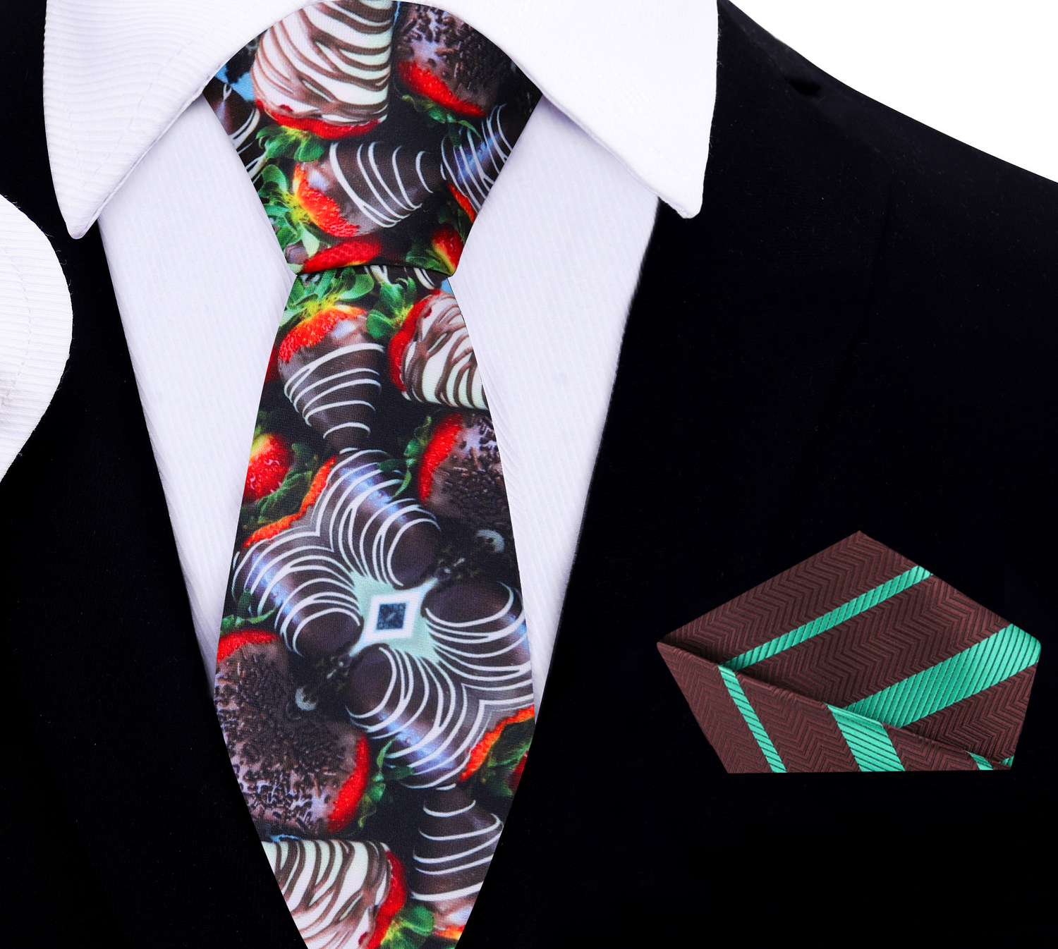 Thin Brown, Green and Red Chocolate Covered Strawberries Necktie and Accenting Brown, Green Stripe Square