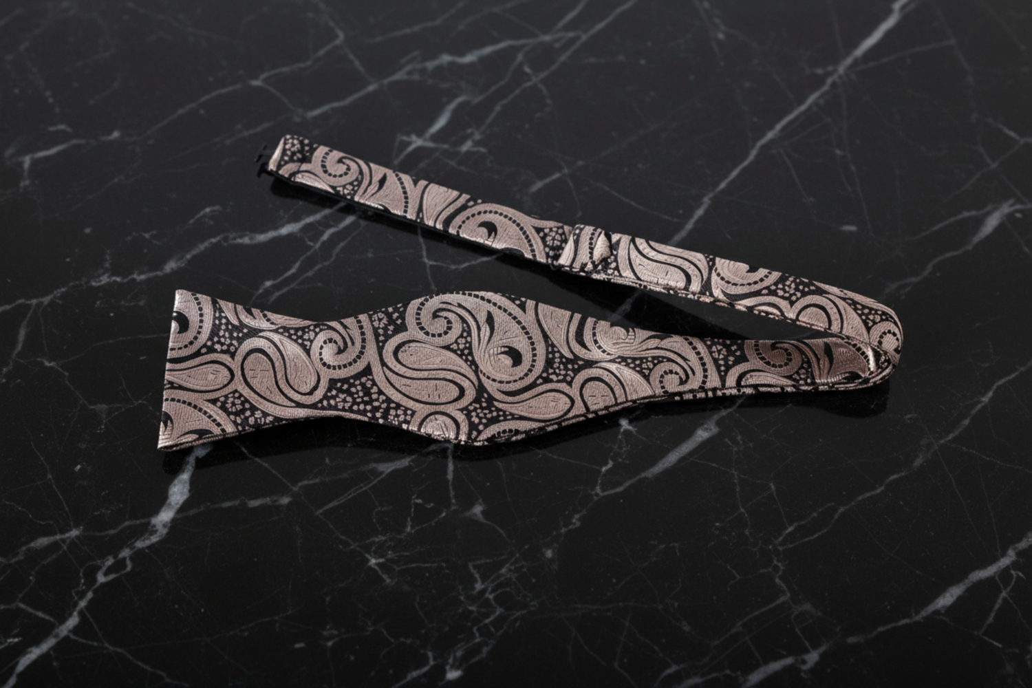 light brown, gold paisley bow tie and pocket square