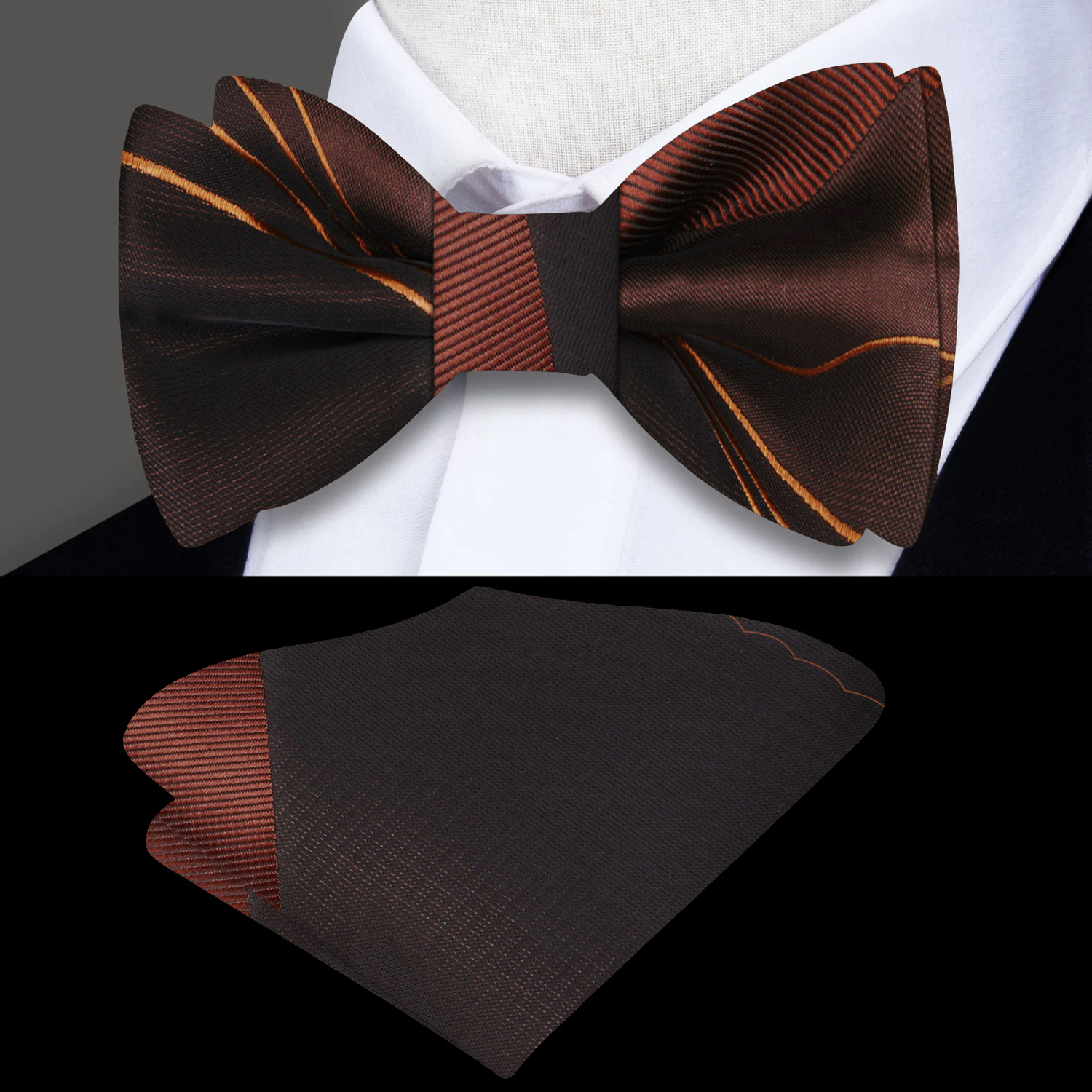 Main: A Chocolate, Brown, Golden Abstract Pattern Self Tie Bow Tie With Matching Pocket Square||Deep Chocolate, Cocoa, Honey