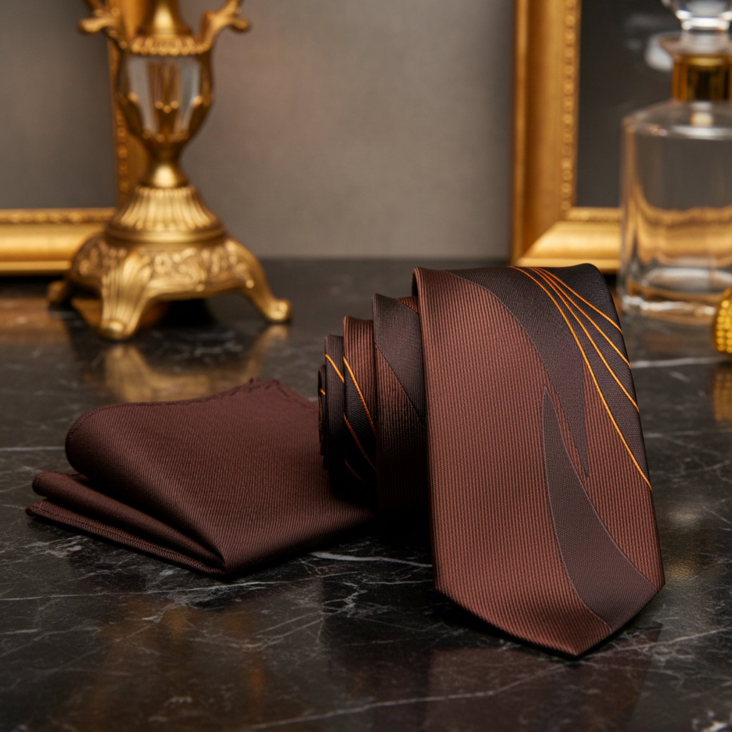 Alt View: Shades of Brown Abstract Lines Tie and Brown Square