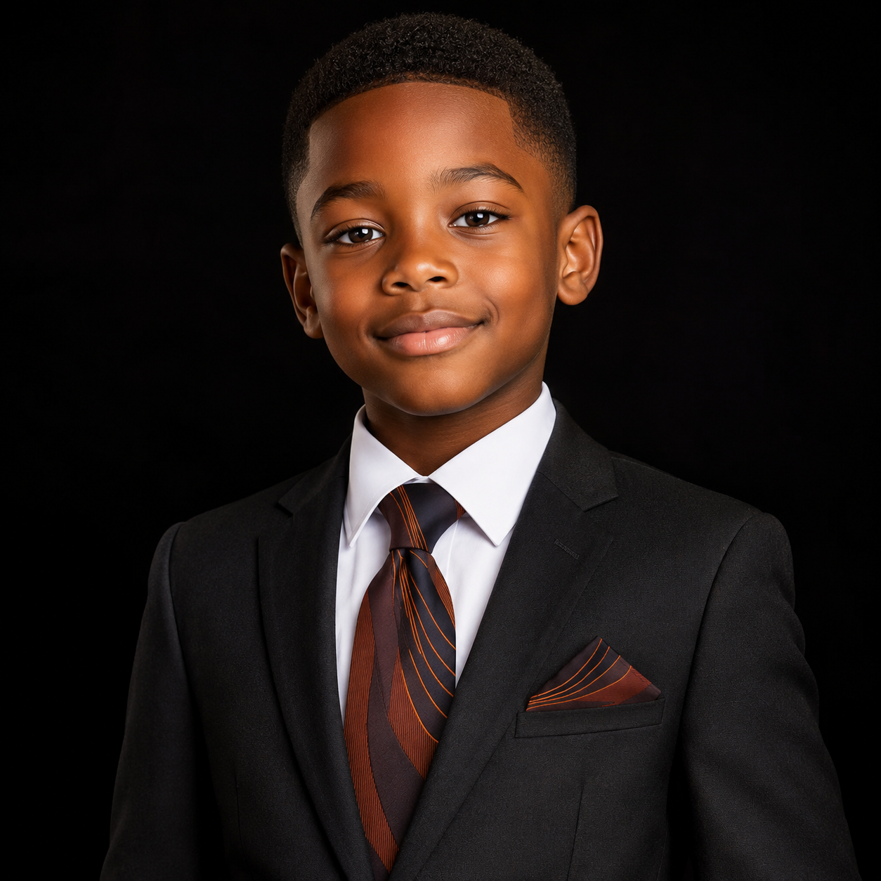 Young boy in a formal black suit with a red tie against a black background