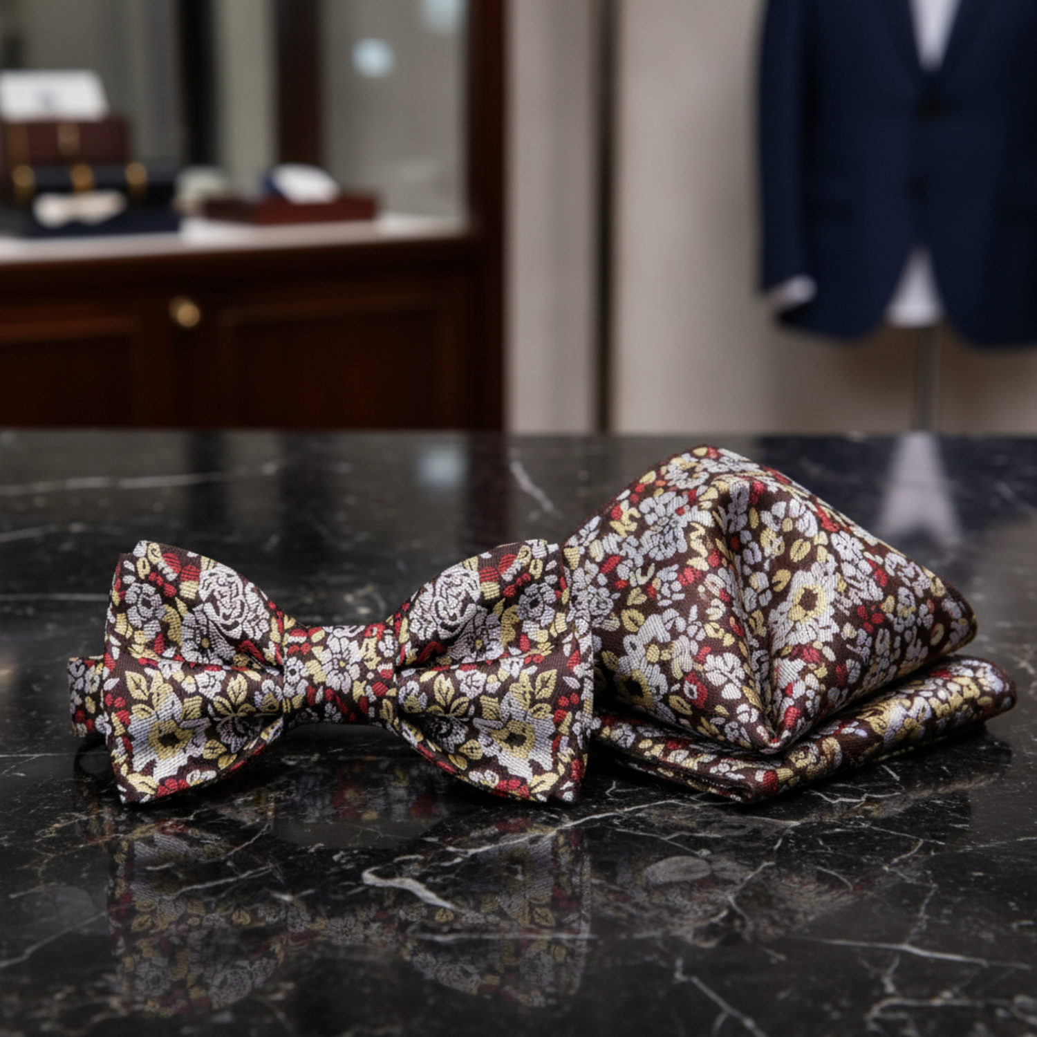 Main View: Sepia Flowers Bow Tie and Matching Square On Suit