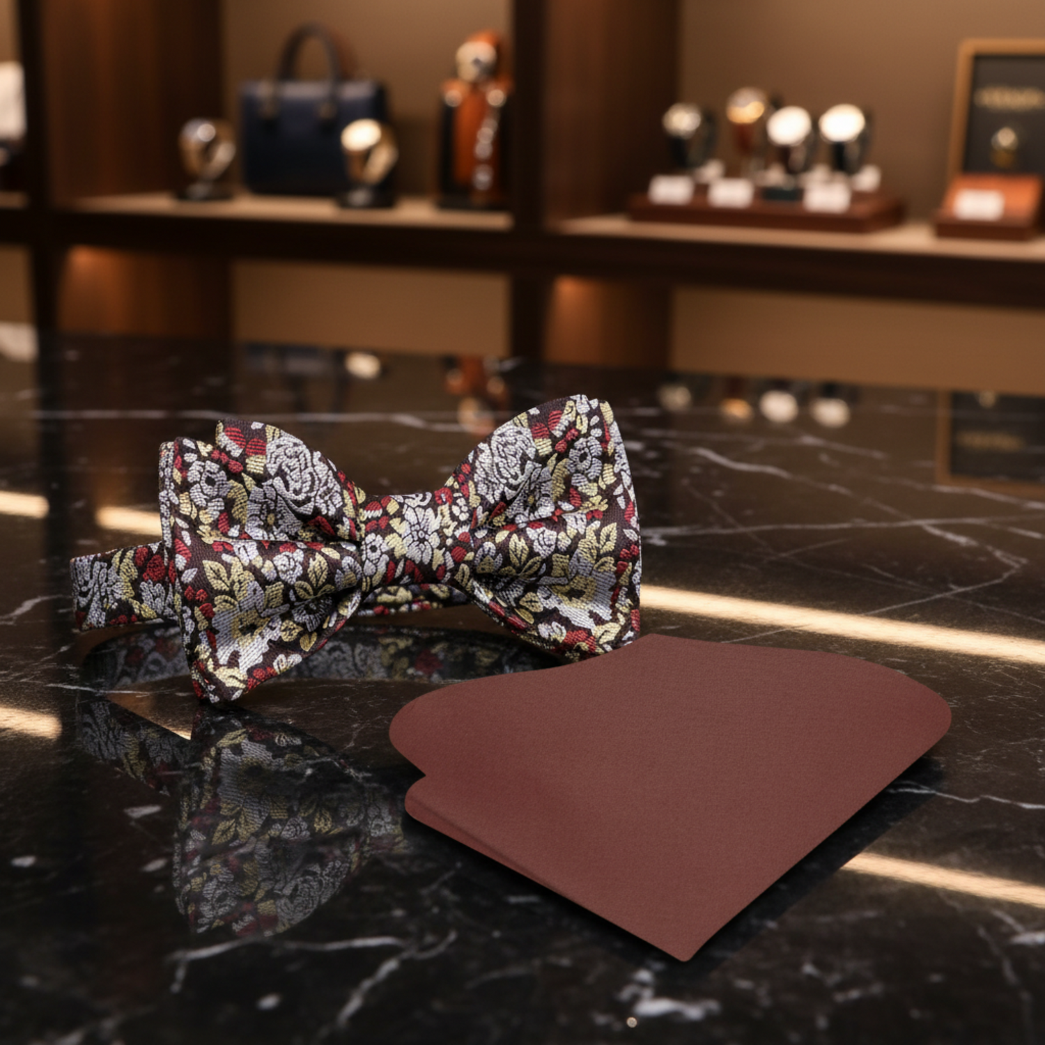 Main View: Sepia Flowers Bow Tie and Brown Square