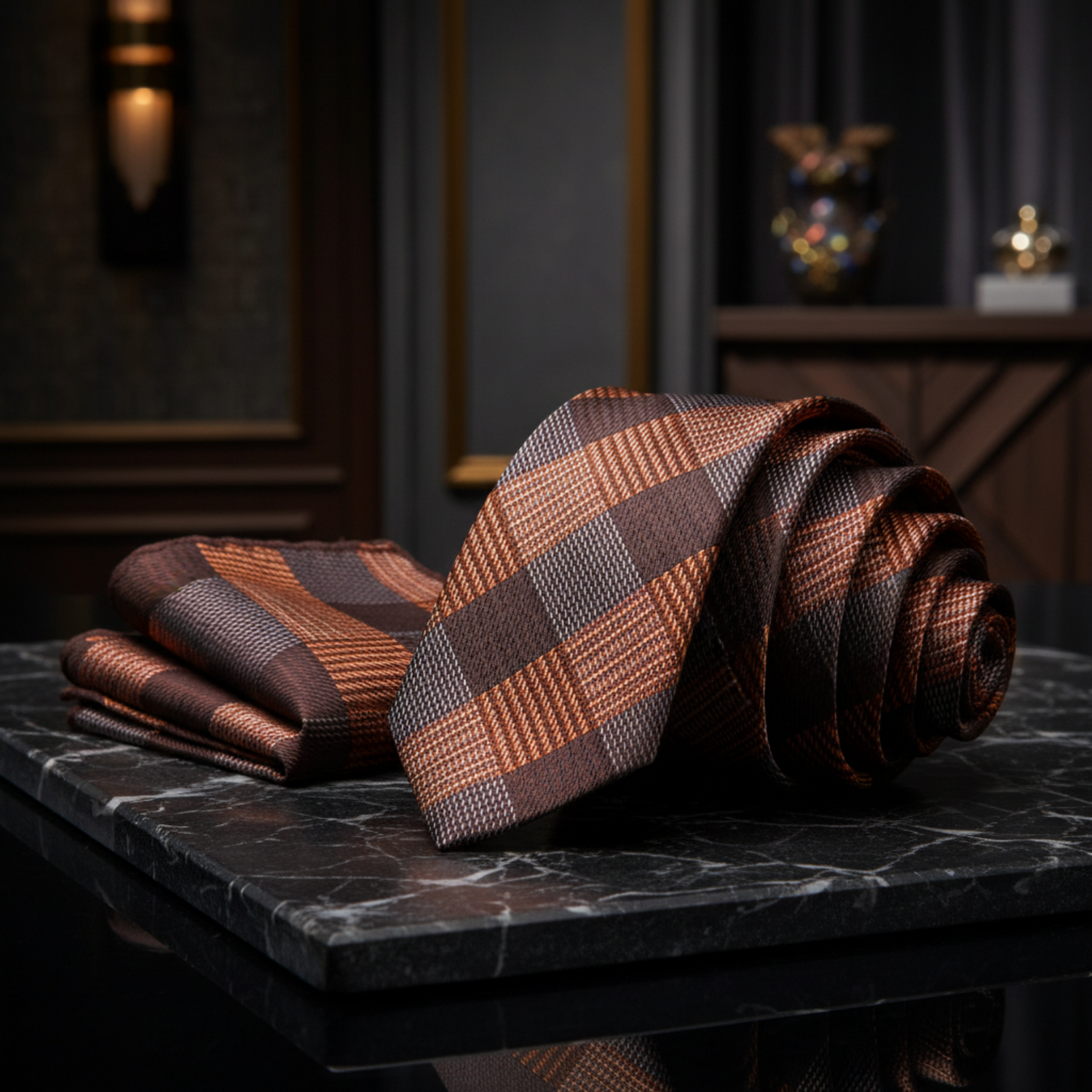 Alt View: Brown and Orange Plaid Tie and Square