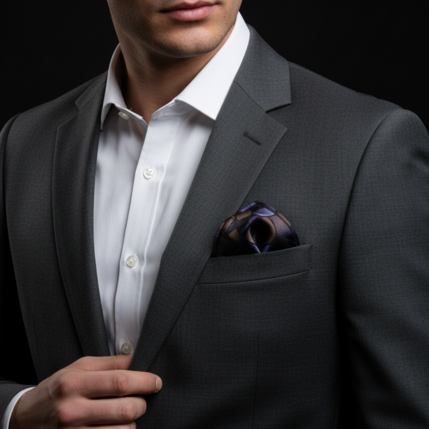 Man wearing a blue brown abstract square