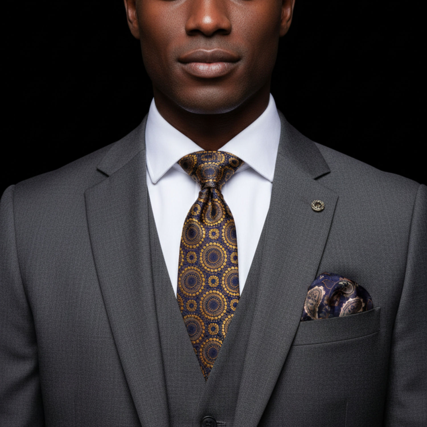 Man wearing a gray suit with a patterned tie and pocket square against a black background