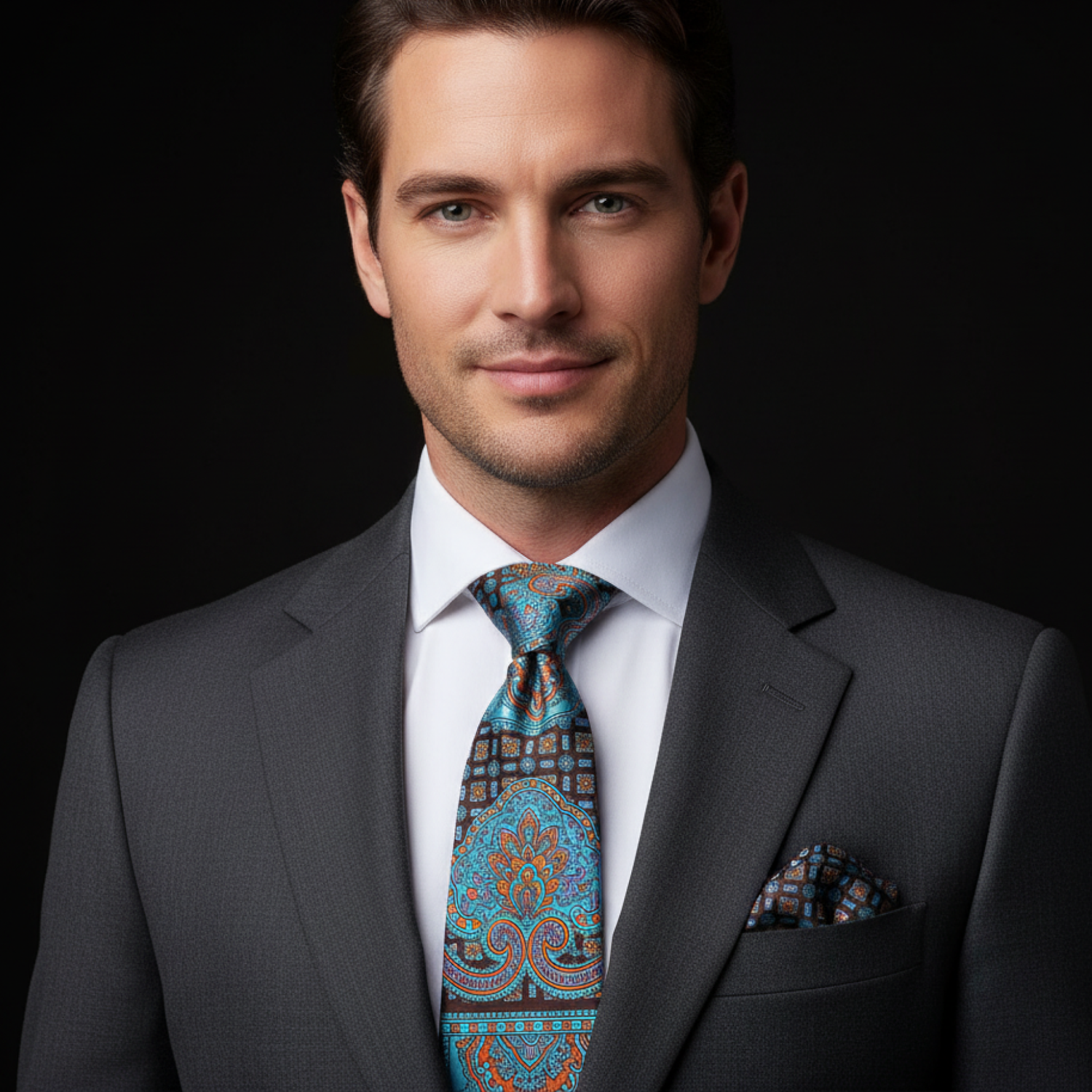 Man wearing a gray suit with a patterned tie against a black background