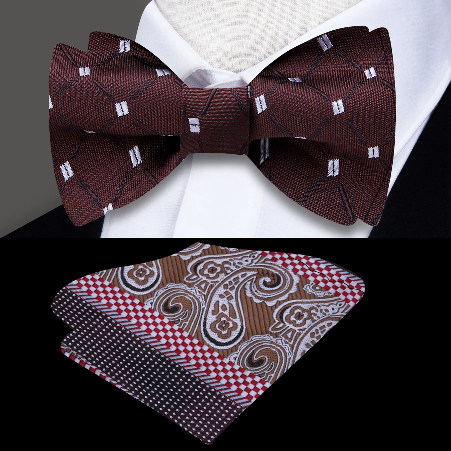 Brown Geometric Bow Tie and Brown, Red Paisley Square