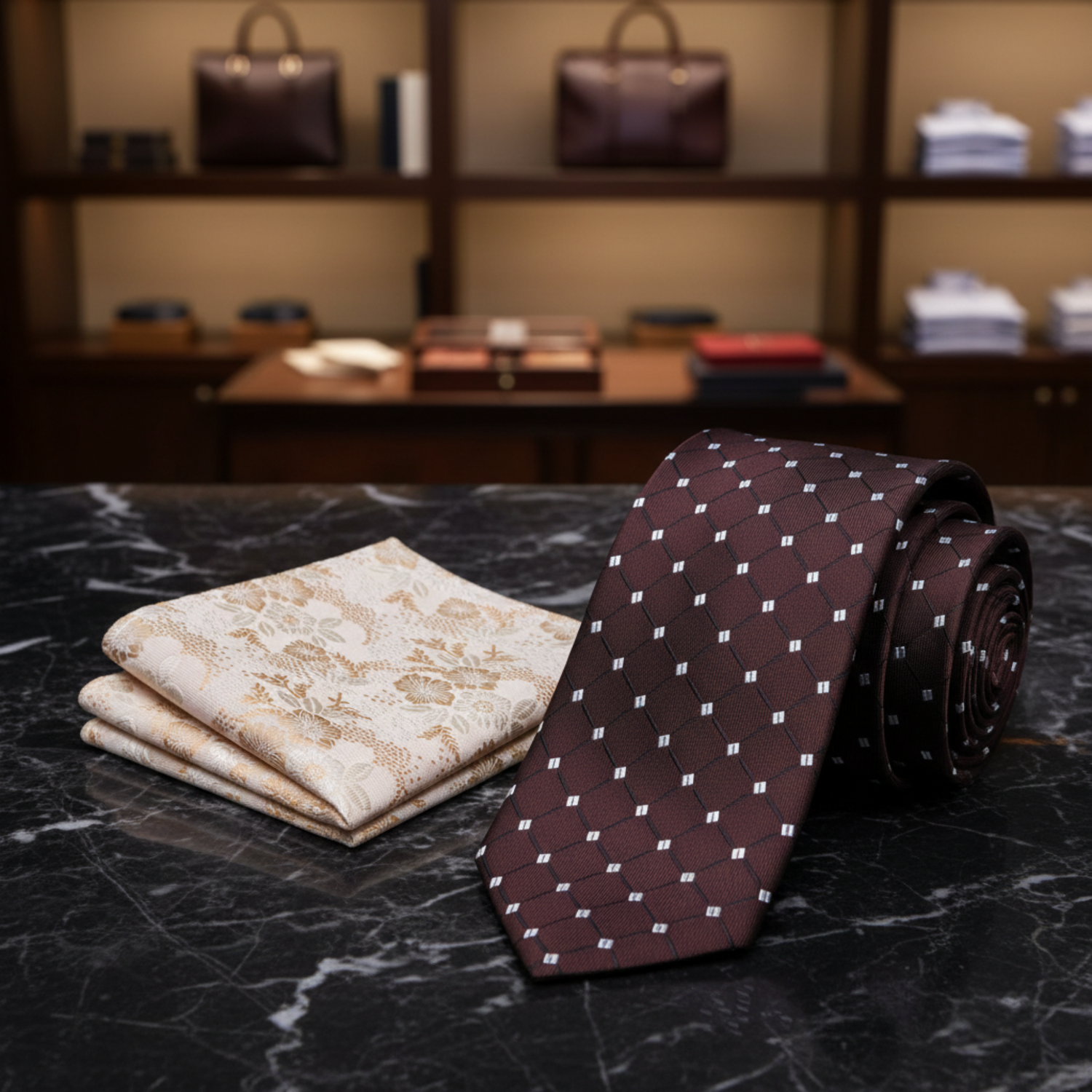 Maroon tie with white pattern and beige floral pocket square on a black marble surface