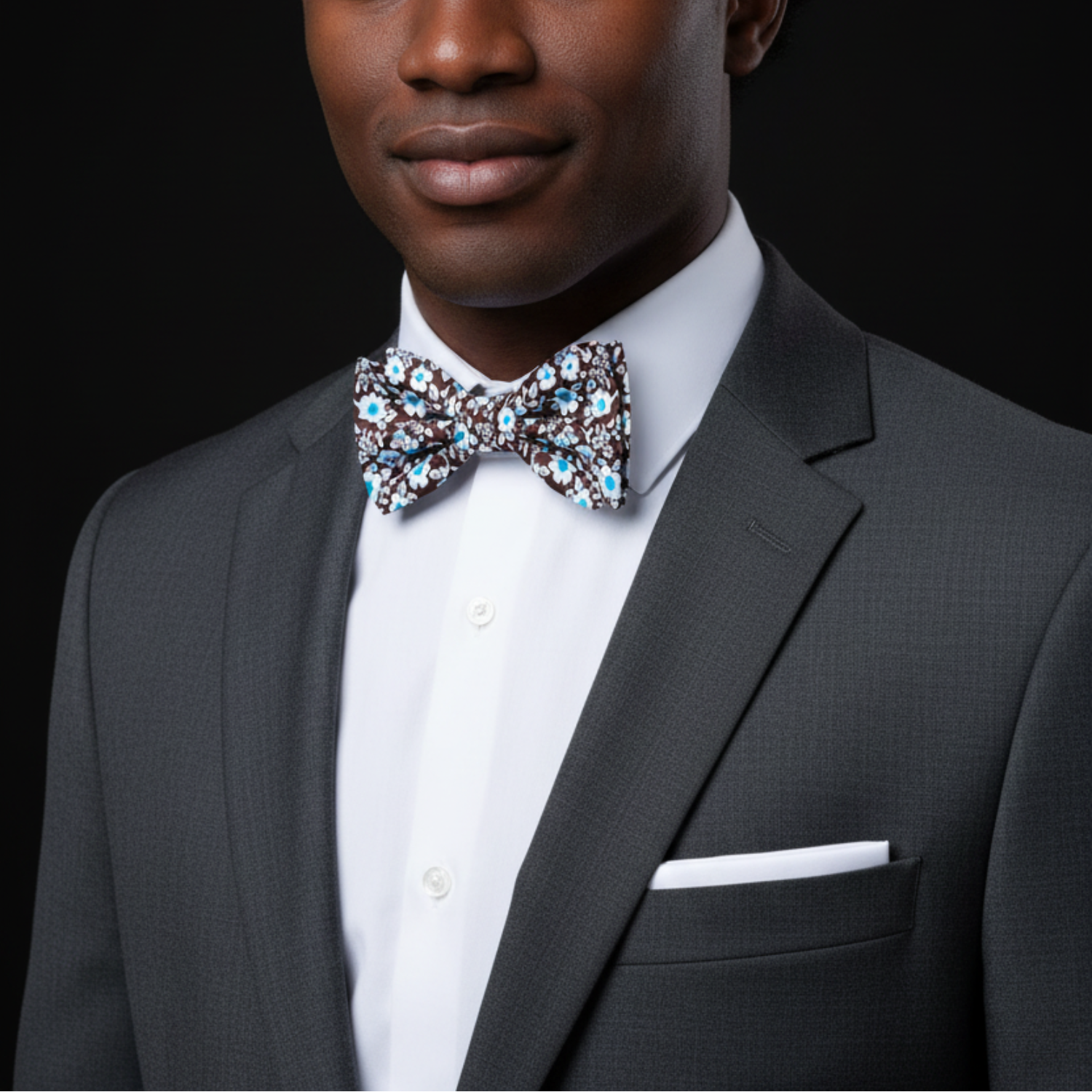 Brown, Light Blue, White Small Flowers Bow Tie and White Square