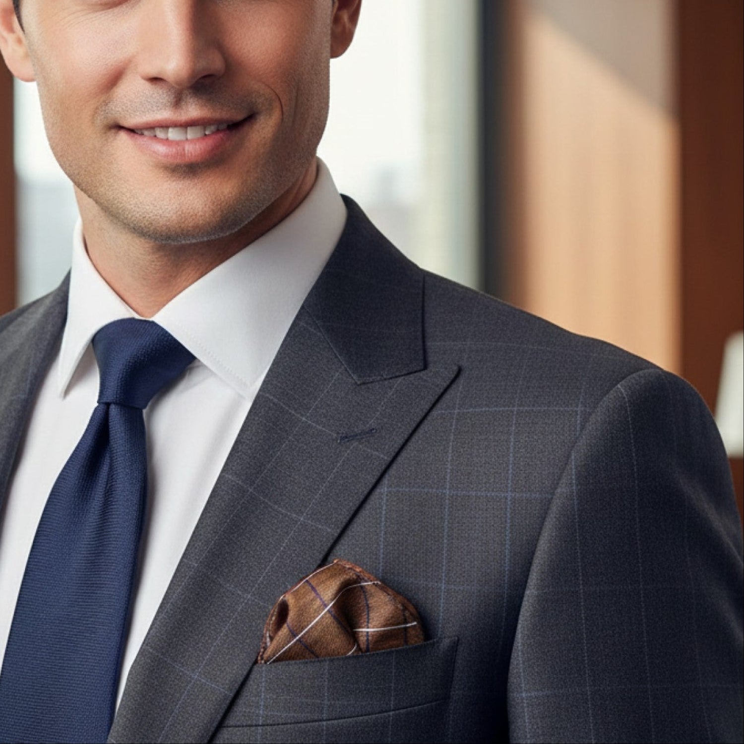 Man wearing brown plaid square on grey windowpane suit