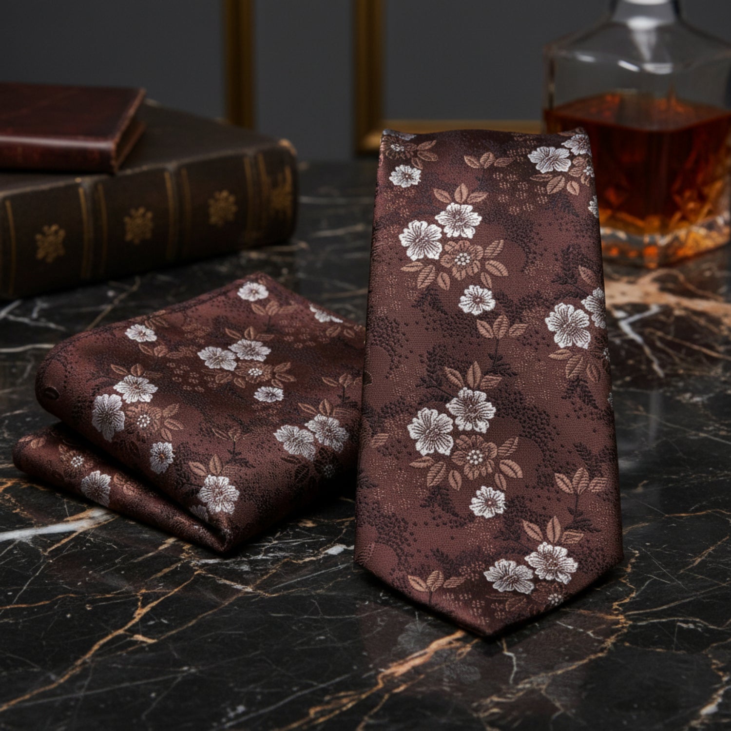 View 2: Shades of Brown Floral Tie and Matching Square