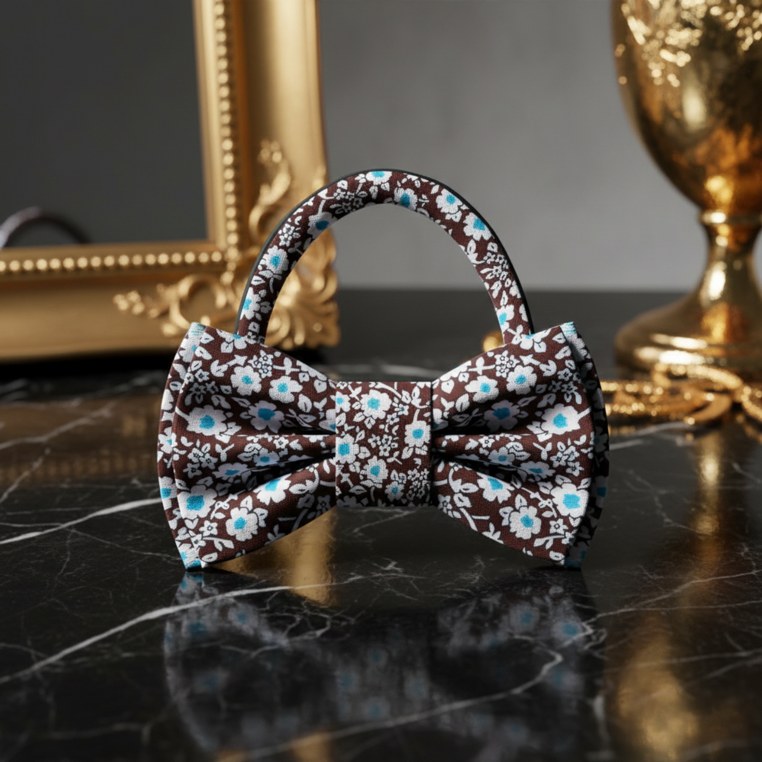 Brown, Light Blue, White Small Flowers Bow Tie Pre Tied