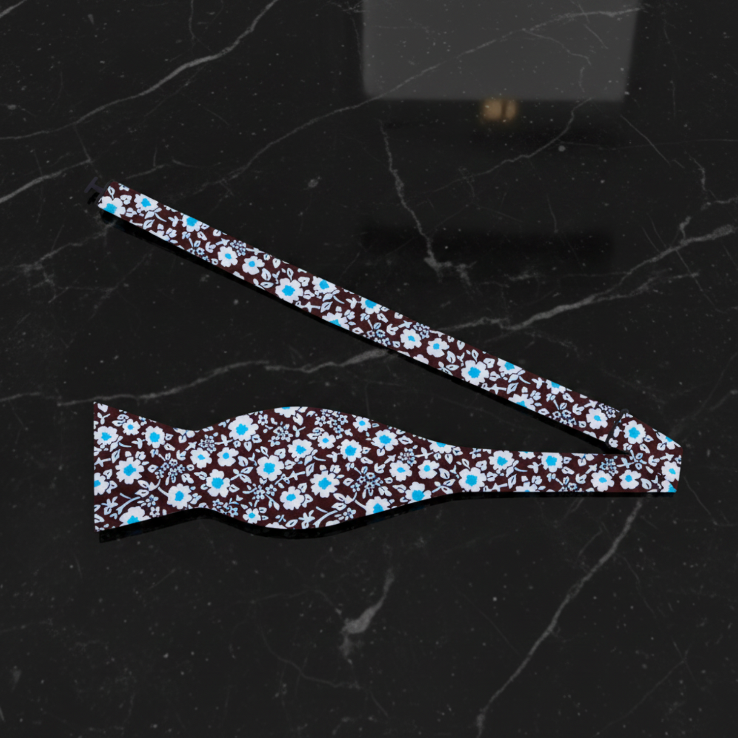 Brown, Light Blue, White Small Flowers Bow Tie Self Tie