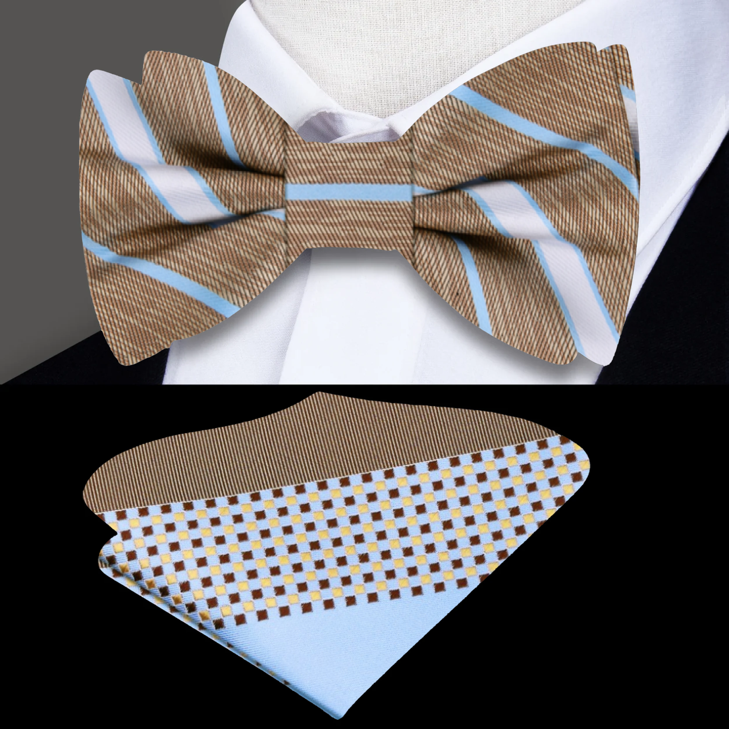 Light Brown, Light Blue, White Stripe Bow Tie And Pocket Square
