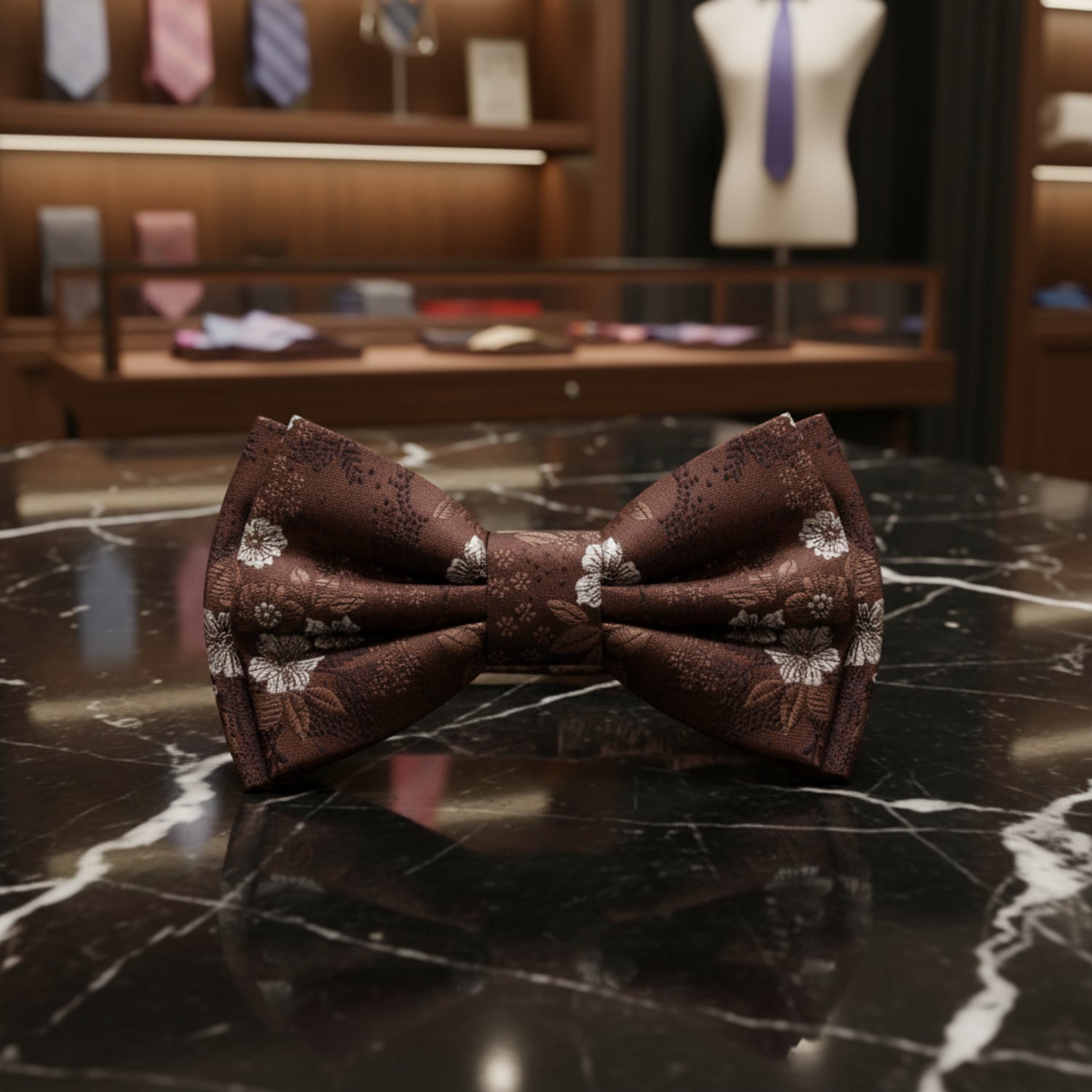 Brown, White Floral Bow Tie Pre Tied