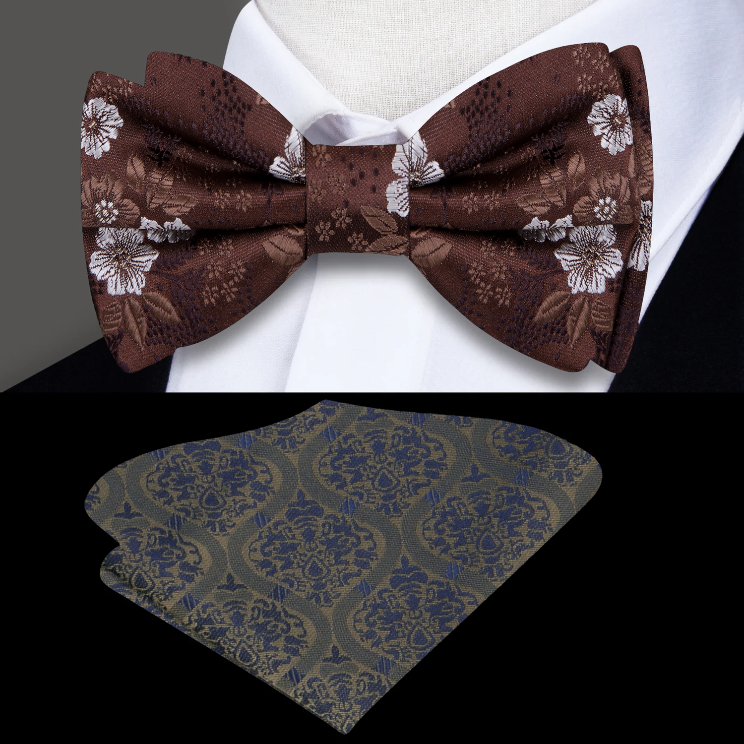 Brown White Original Floral Bow Tie and Accenting Square