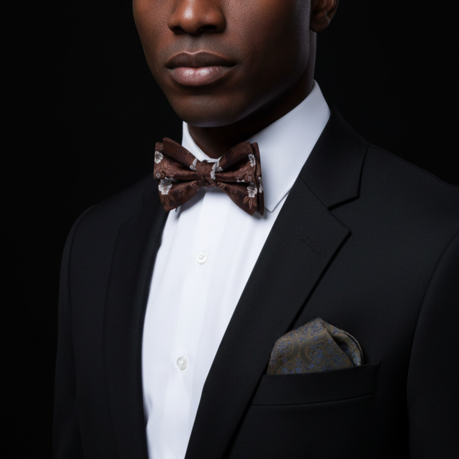 Man wearing a black suit with a brown and white floral patterned bow tie and pocket square on a black background