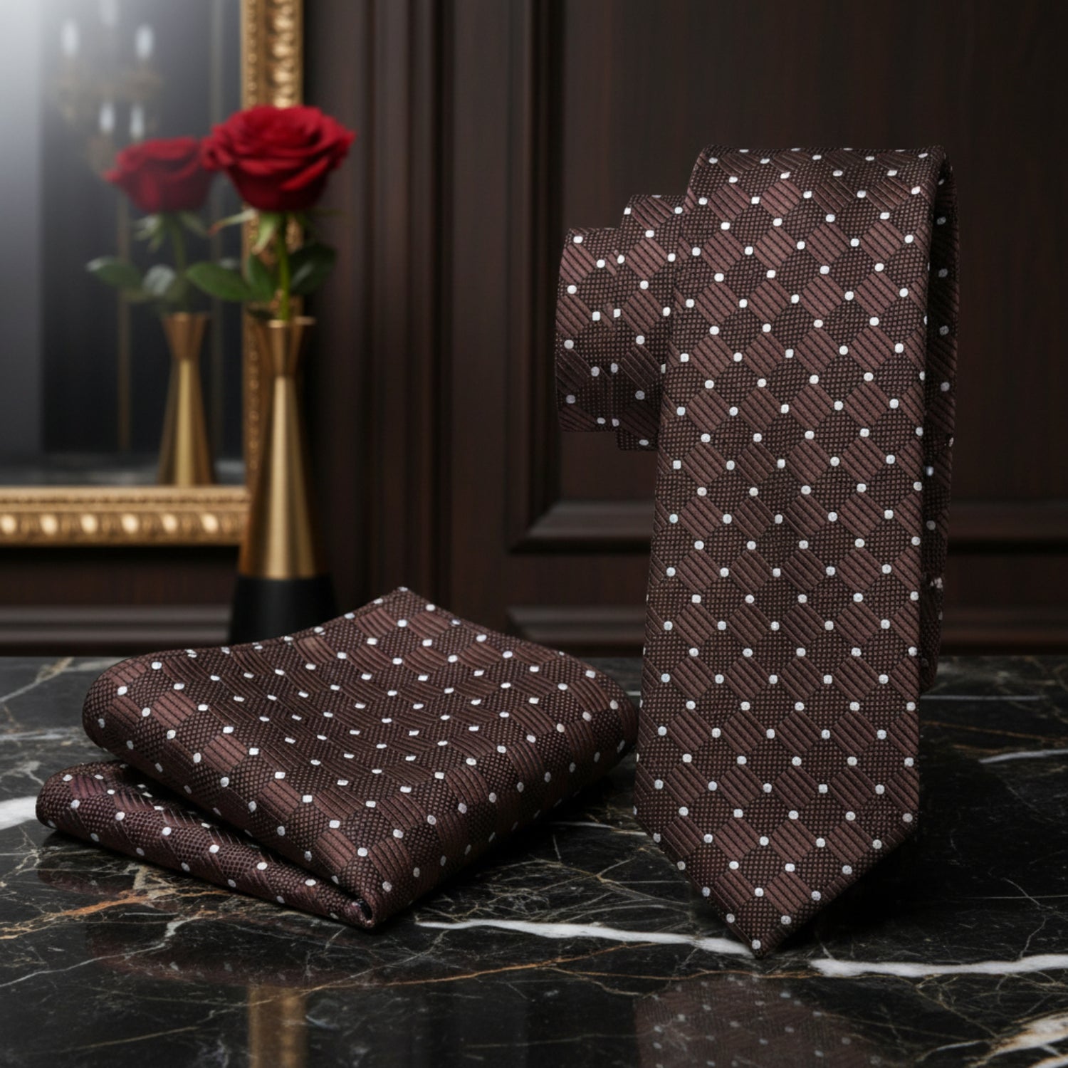 Alt View: Brown Geometric Necktie and Matching Square