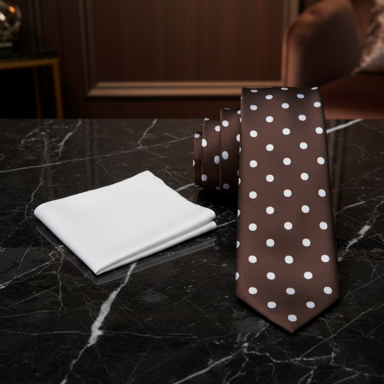 Alt view: Brown and White Polka Necktie and White Pocket Square