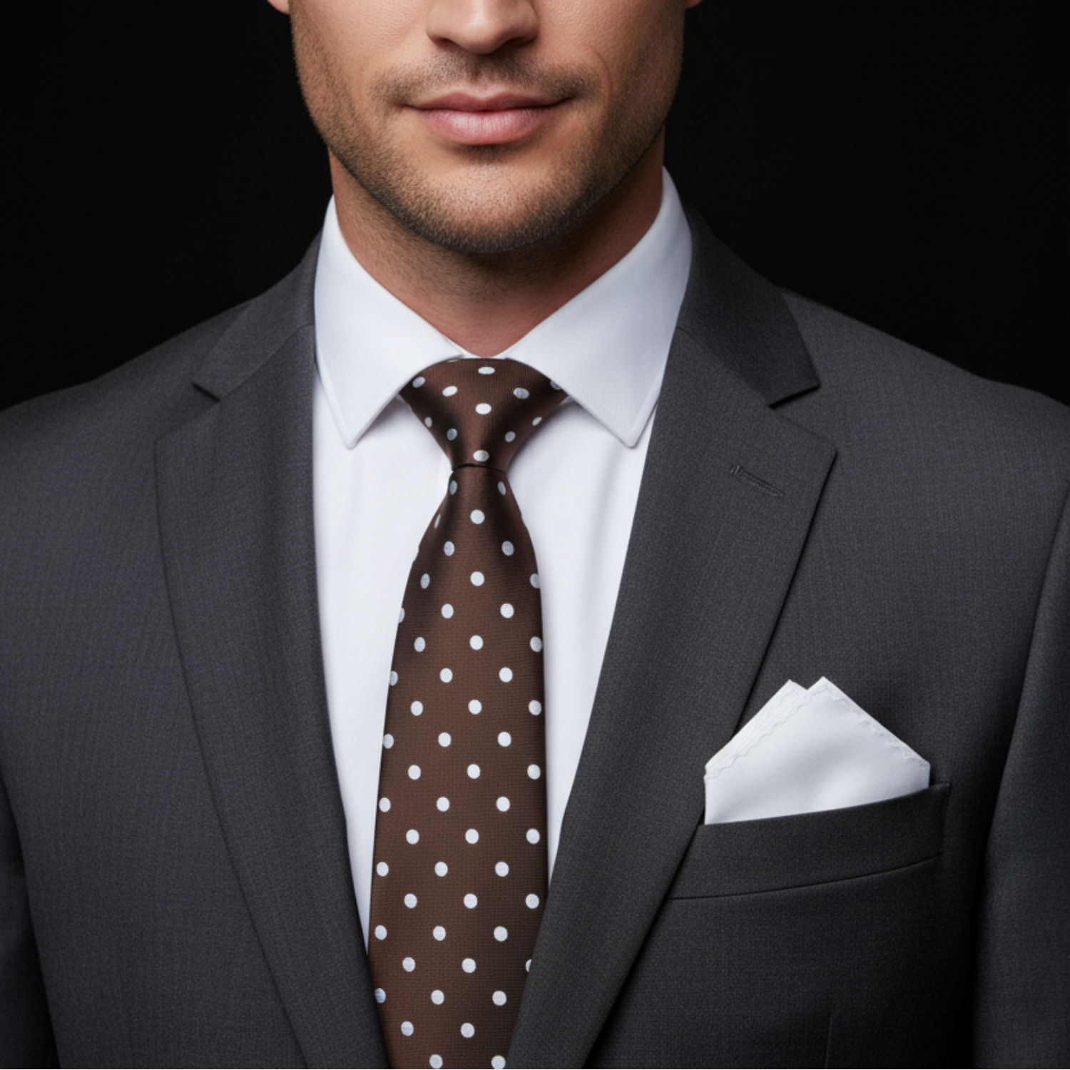 Man wearing a dark suit with a white shirt and brown polka dot tie against a black background