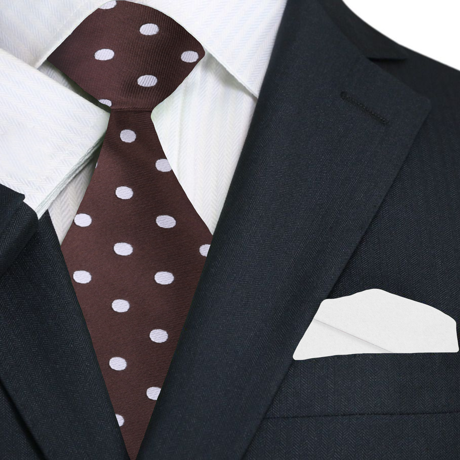 Brown and White Polka Necktie and White Pocket Square