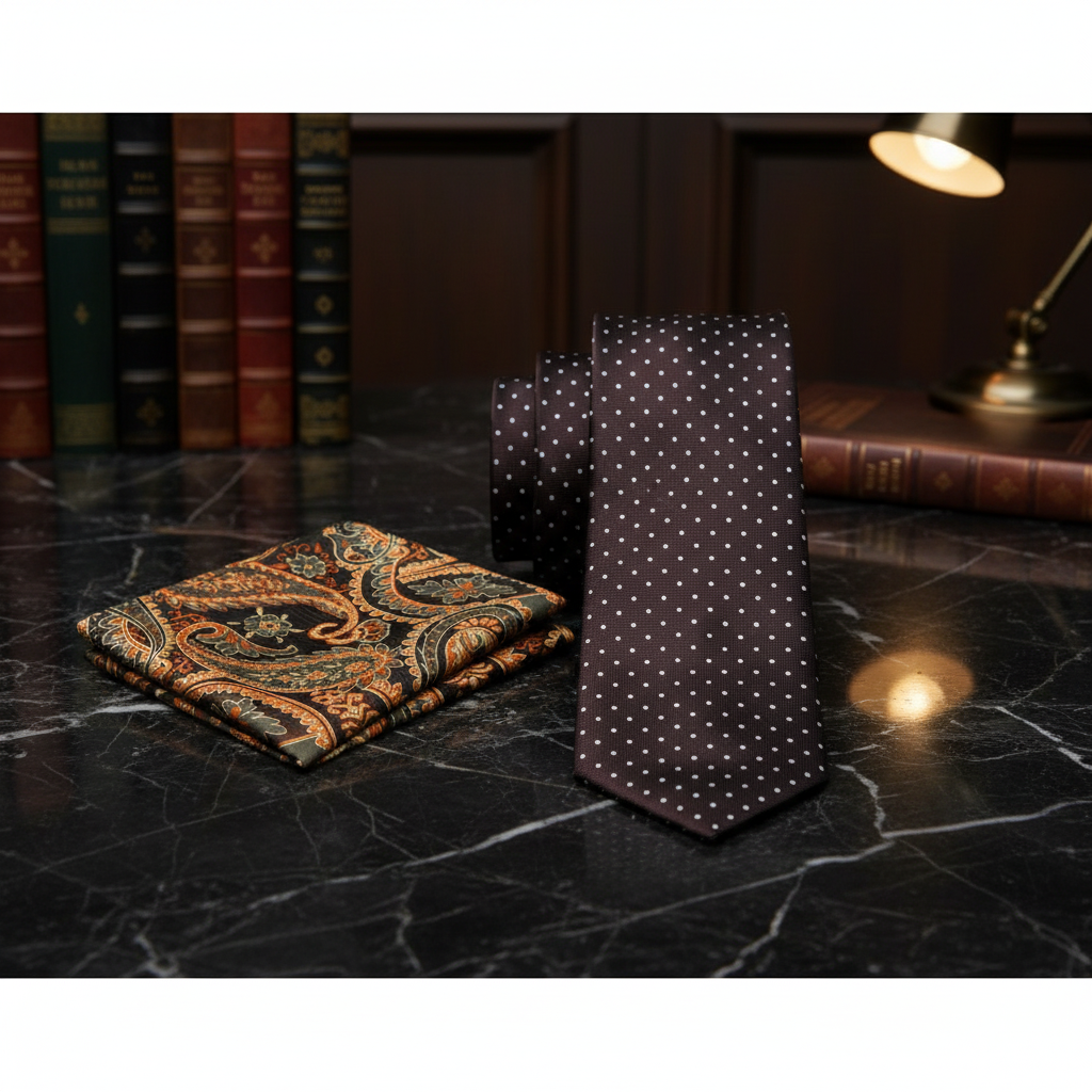 Alt Brown and White Dot Necktie and Brown Paisley Square