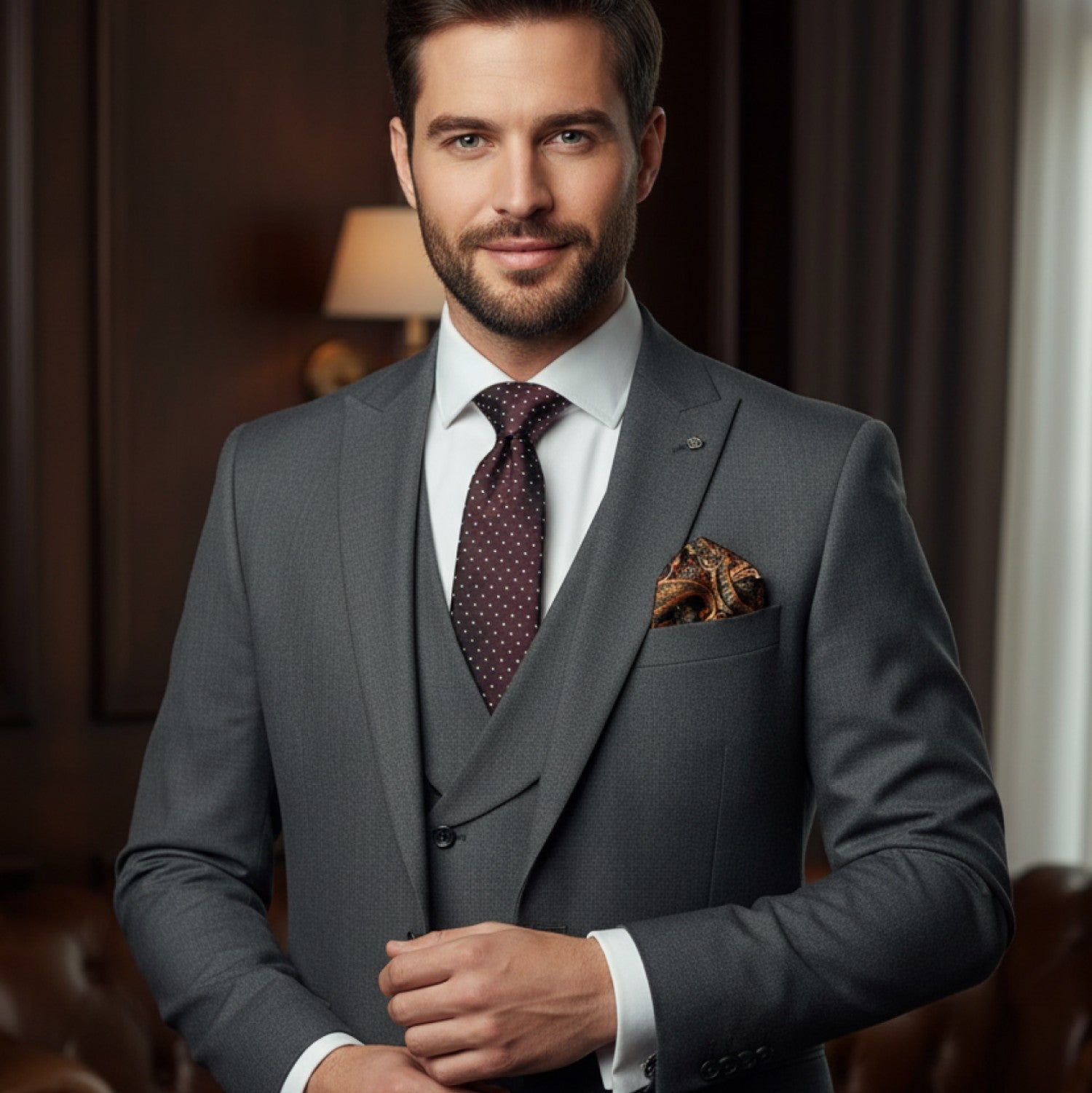 Man wearing a gray suit with a patterned tie in an indoor setting