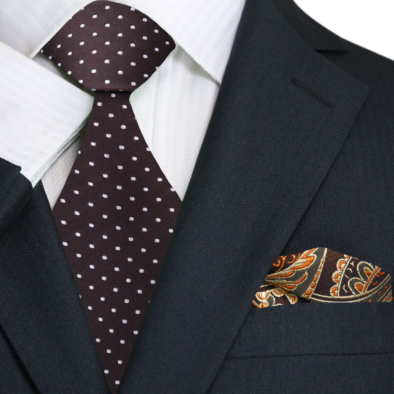 Brown and White Dot Necktie and Brown Paisley Square