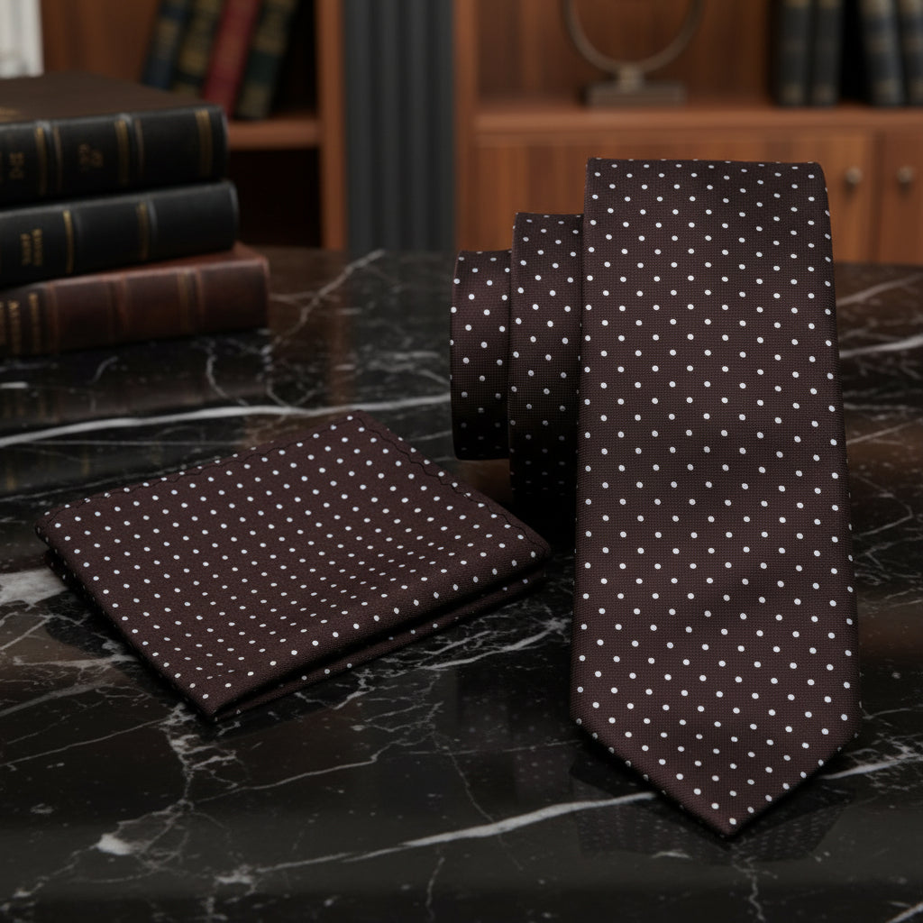 Alt Brown and White Dot Necktie and Matching Square