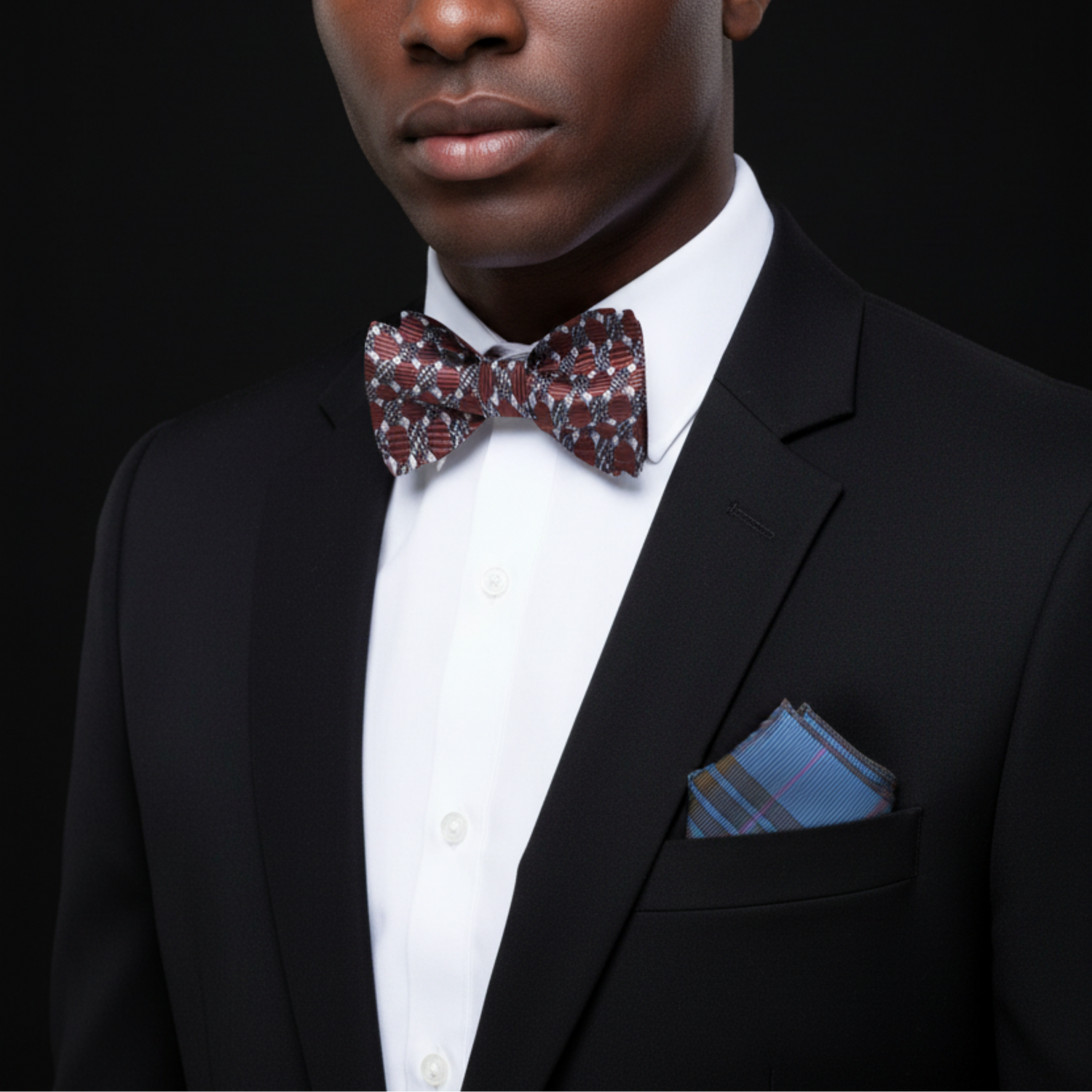 Man wearing a black suit with a patterned bow tie and pocket square on a black background