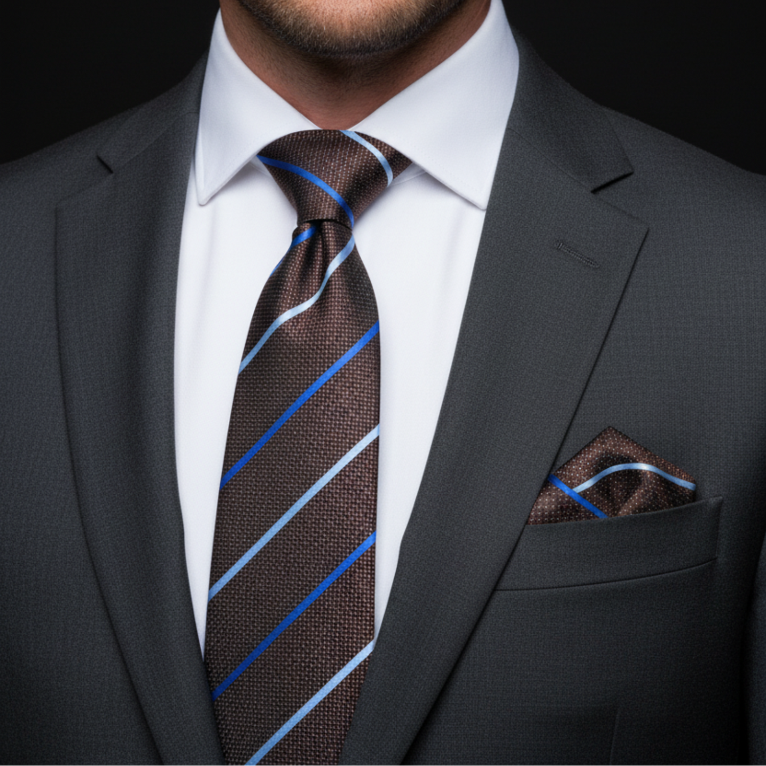 Man wearing a gray suit with a brown striped tie and matching pocket square.