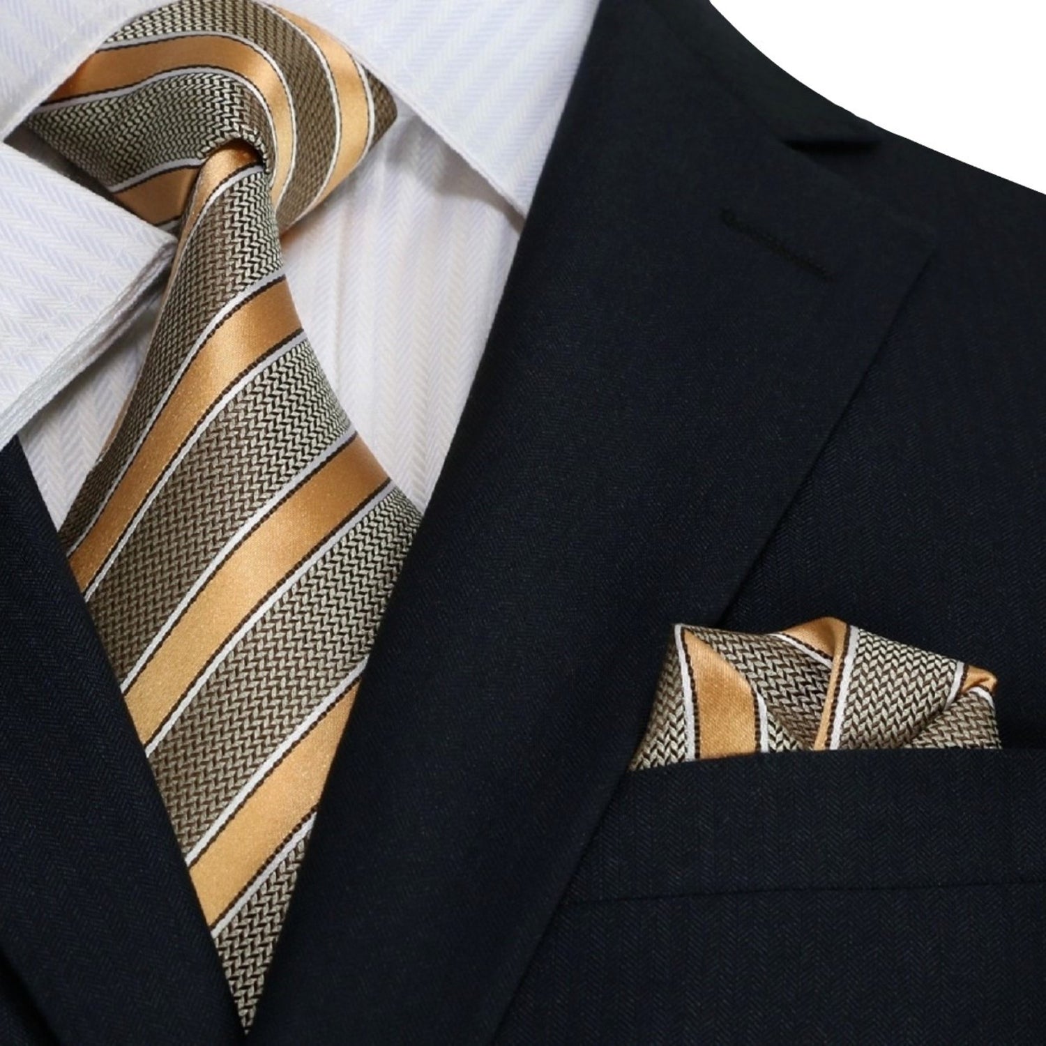 Brown, Caramel Stripe Necktie and Square