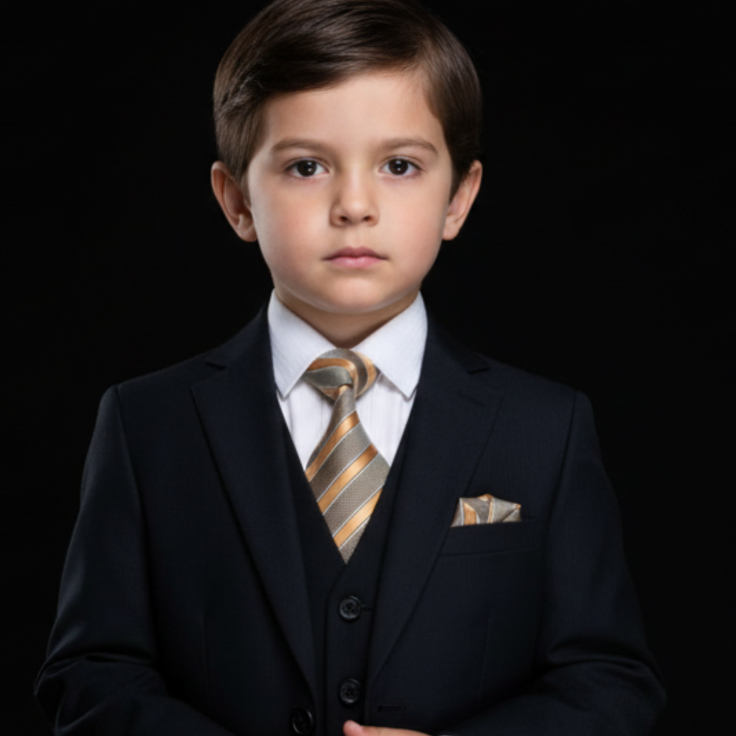 Young boy in a formal suit with a tie against a black background