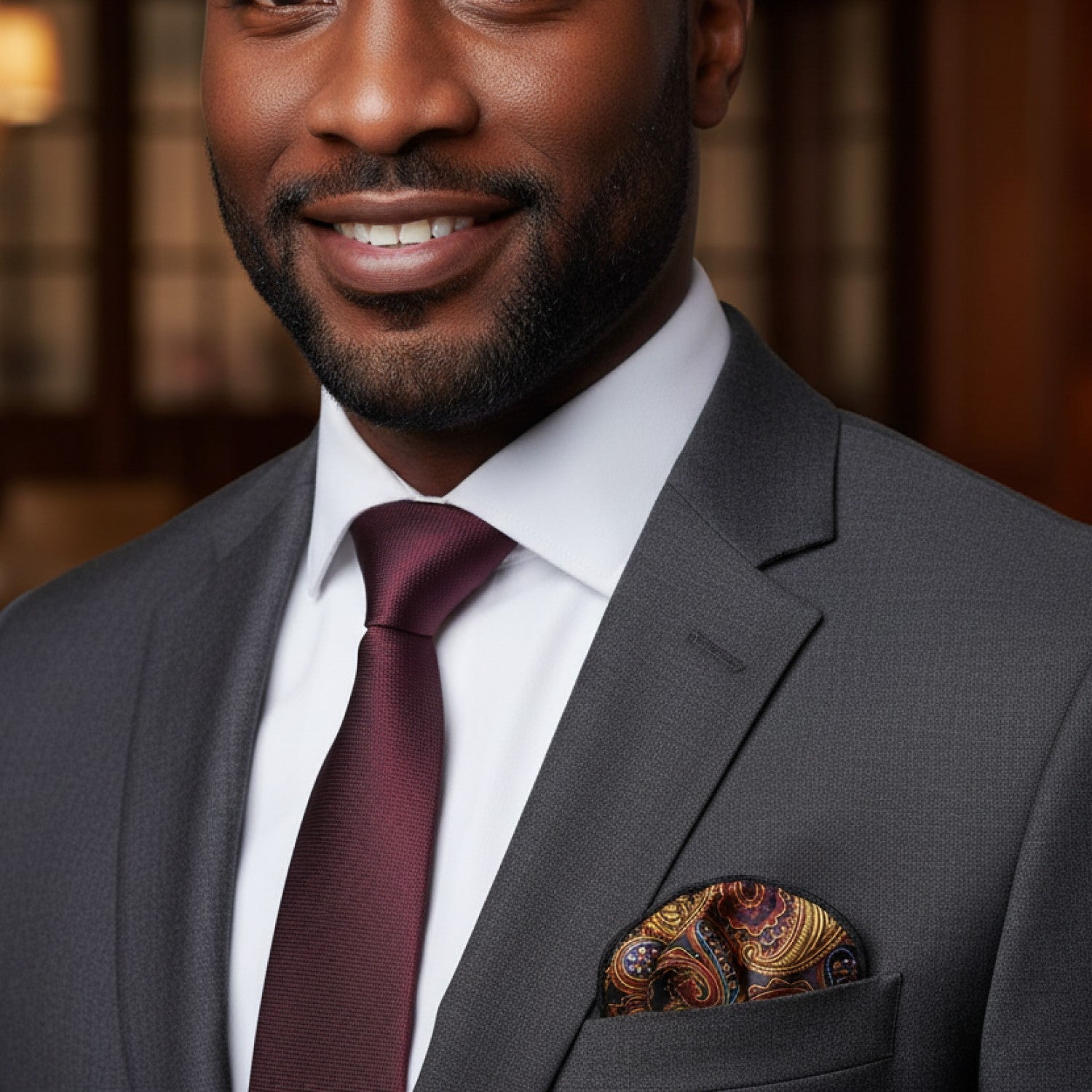 Man wearing a gray suit with a maroon tie and patterned pocket square, smiling.