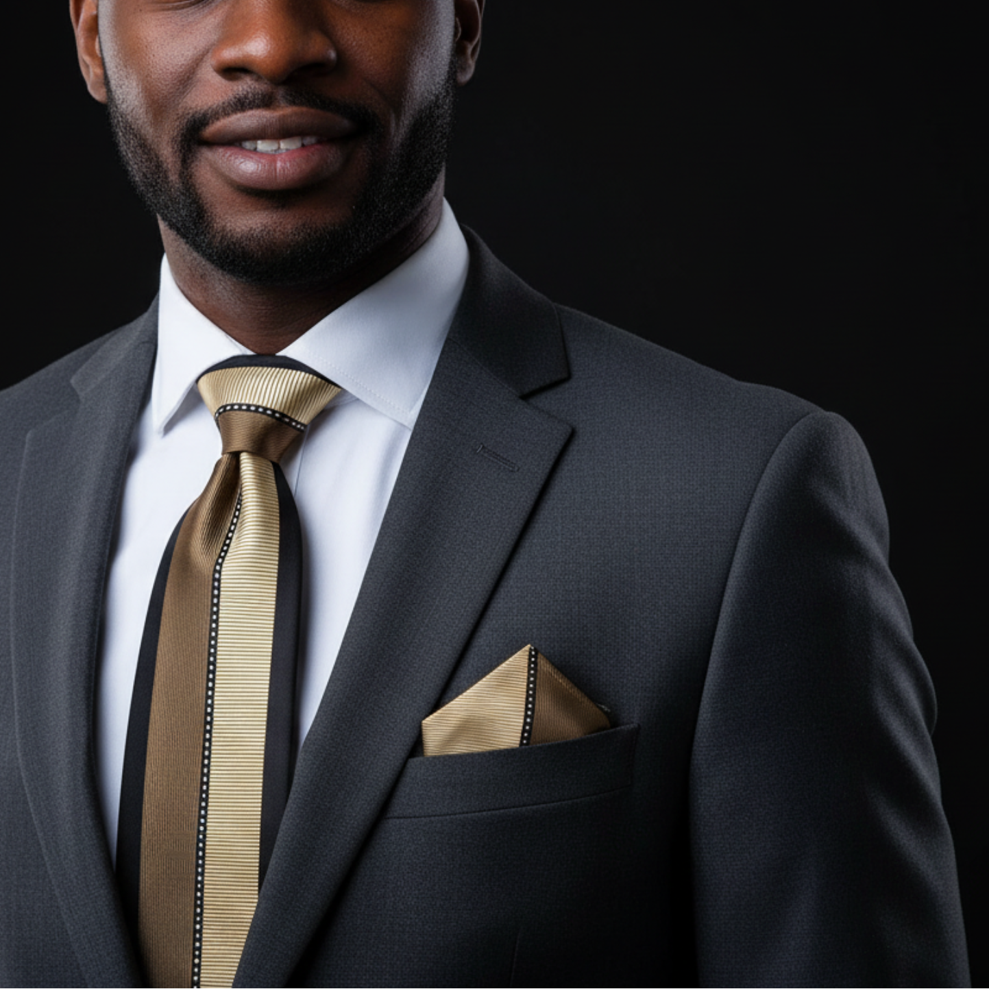 Man wearing a dark suit with a gold tie and pocket square against a black background
