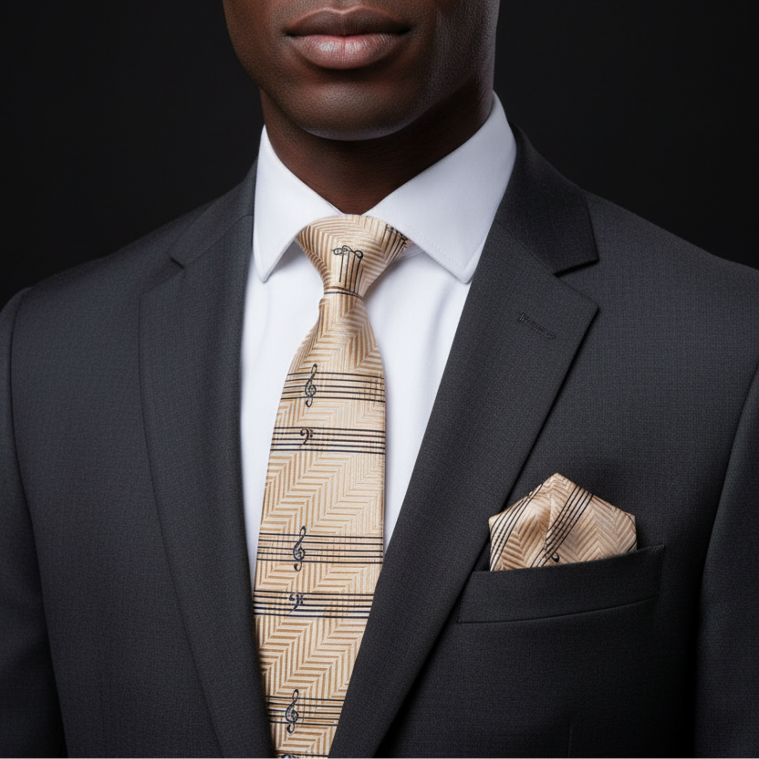 Sheet Music Herringbone Necktie & Square in Black Gold, Navy White & Brilliant Gold