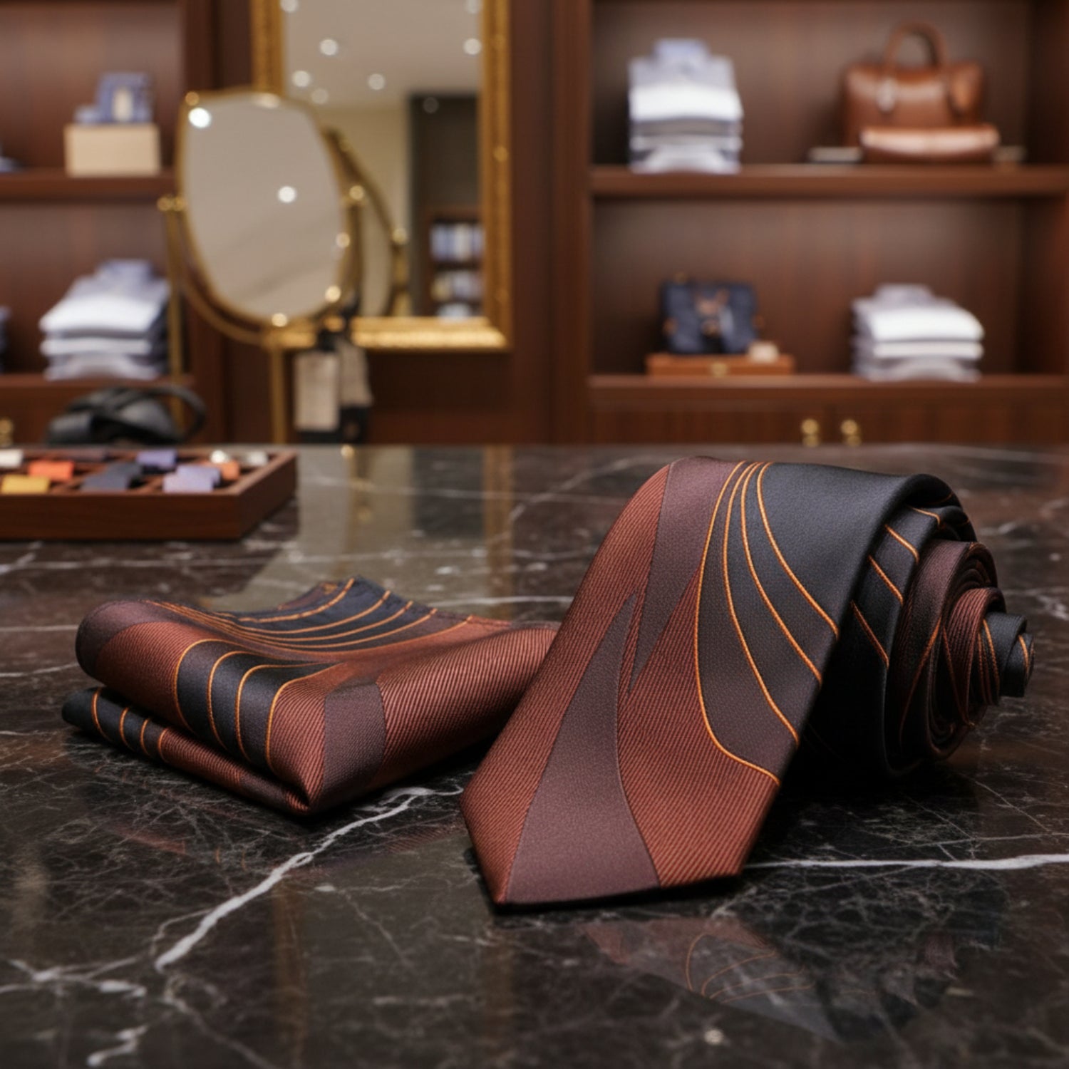 Alt View: Brown Seam Route Necktie and Square