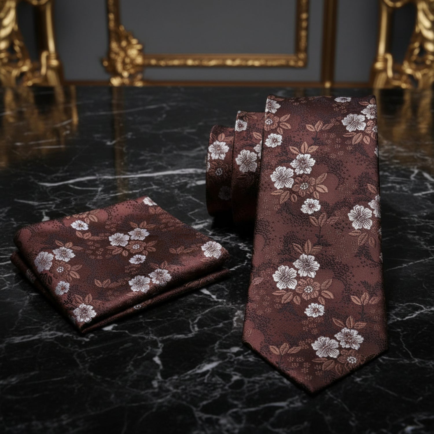View 2: Brown, White Floral Necktie and Square