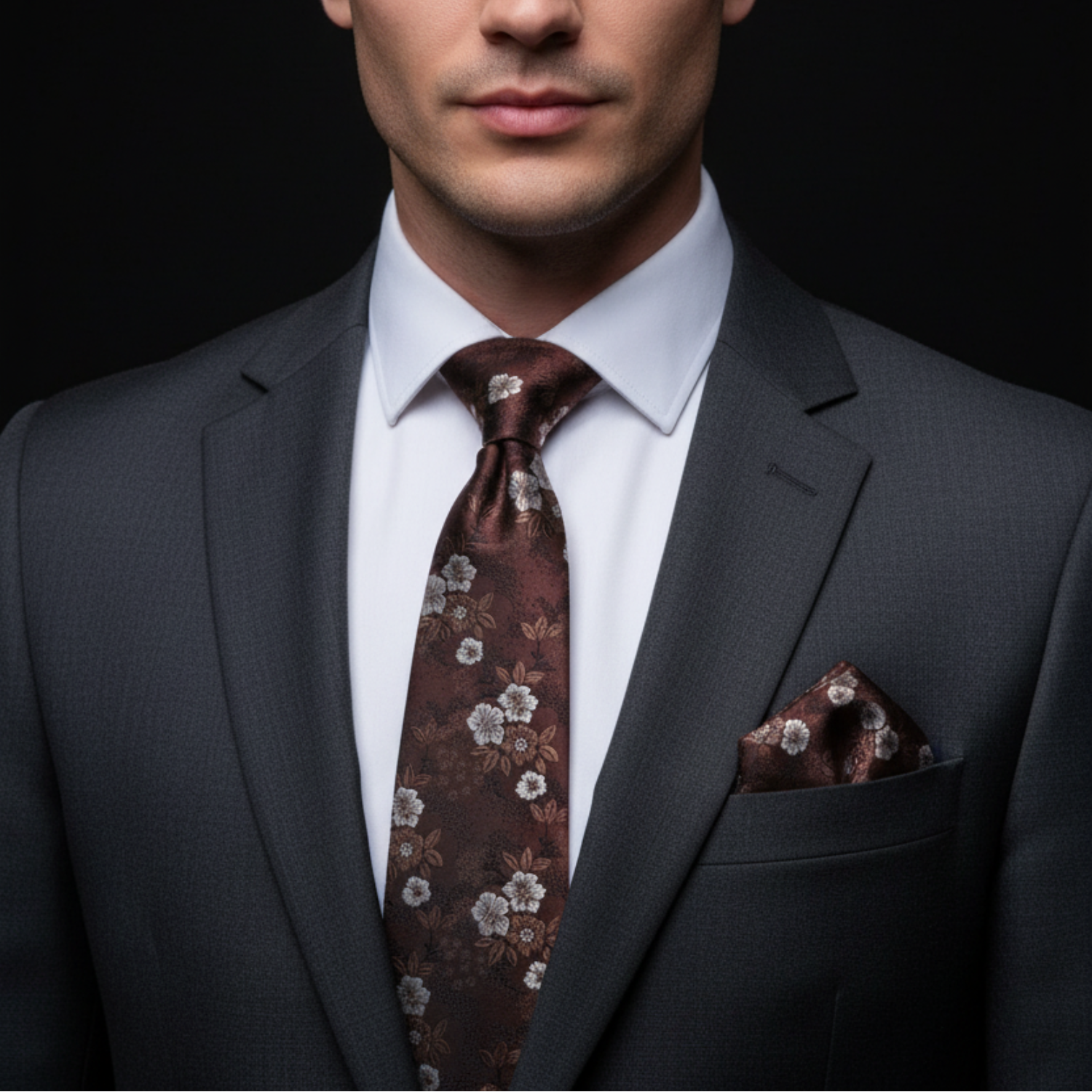 Man wearing a dark suit with a floral tie and pocket square against a black background